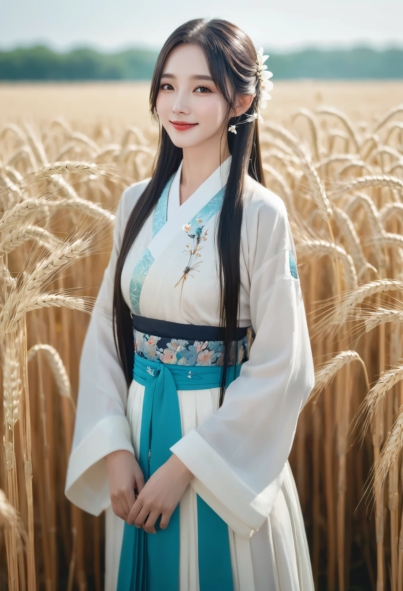 masterpiece, best quality, ultra high definition, detailed illustration, portrait, detailed, 1 girl standing in the wheat field, alone, long hair, skirt, flower, white hanfu, Smile, whole body, white flower, bare shoulders, very long hair, aqua hair, Keep your mouth shut, Facing the audience, Bangs,