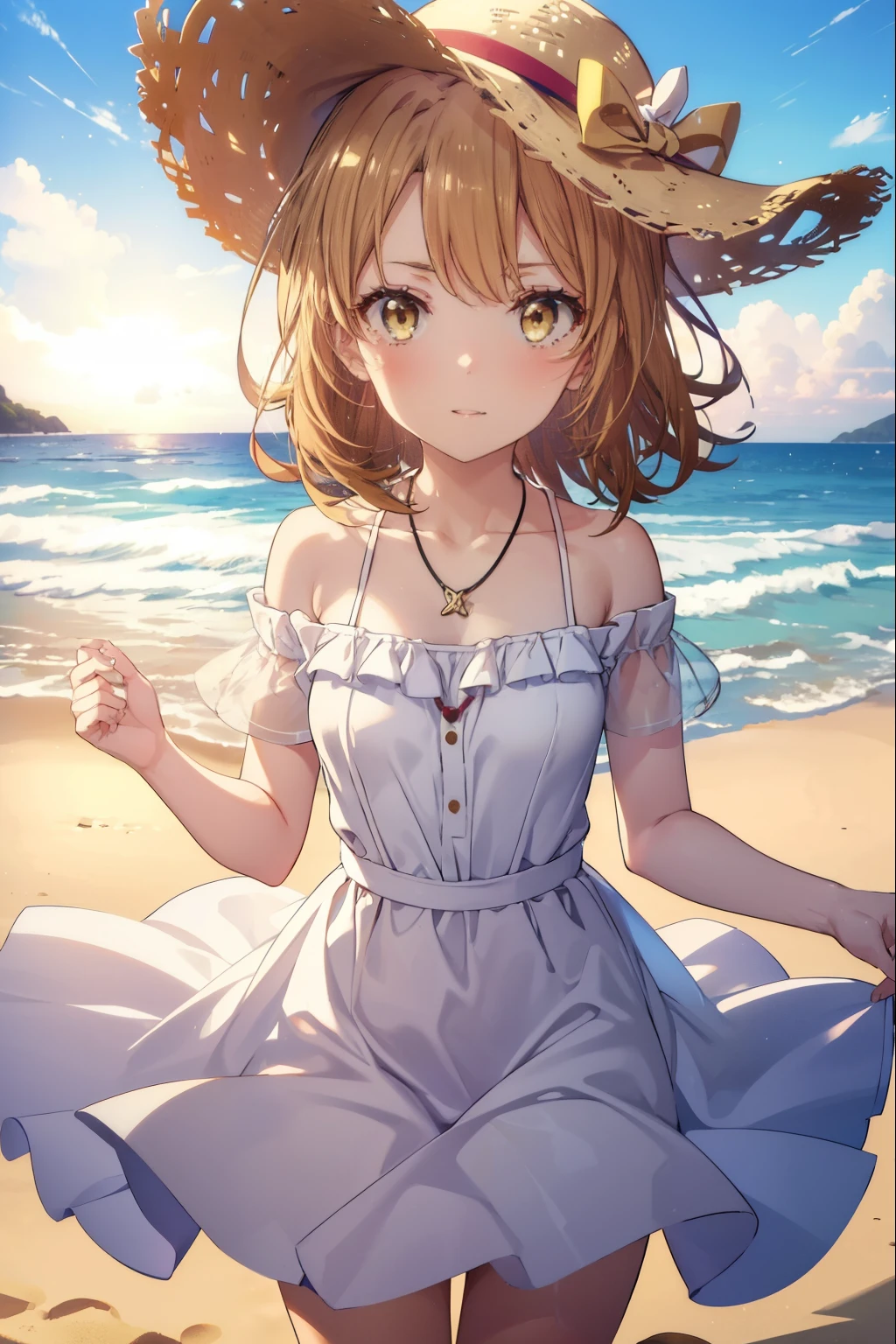 irohaisshiki, iroha isshiki, long hair, brown hair, (brown eyes:1.5), short braided hair,smile,blush,big straw hat,off shoulder dress,heart shaped pendant necklace,bare clavicle,naked neck,bare shoulders,long skirt,barefoot,turn around,
ビーチのsandy beachを散歩しながら、brown hair fluttering in the breeze, 
break outdoors, sandy beach,海
break looking at viewer,
break (masterpiece:1.2), highest quality, High resolution, unity 8k wallpaper, (shape:0.8), (fine and beautiful eyes:1.6), highly detailed face, perfect lighting, Very detailed CG, (perfect hands, perfect anatomy),