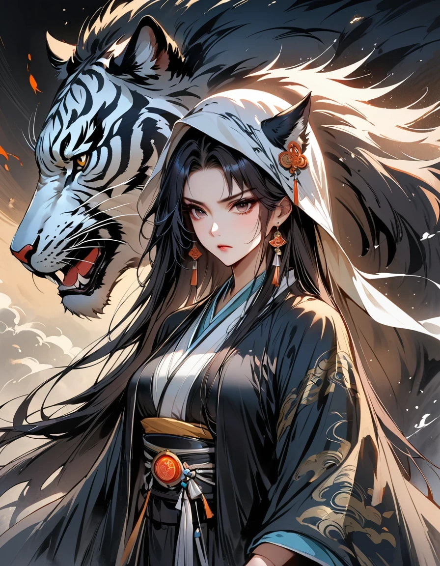 (masterpiece, best quality:1.2), 1 girl, alone,two-dimensional,amazing,Inspired by the myths and legends of Guilin, China:Liu Sanjie,A bust of a woman 白色的长发,black eyes, a woman, Head covered with a cloak, metal jewelry, Serious expression, attack action, lower your head, hanfu, black clothes, eyes cold, loose hair, (ink smudges) beautiful figure painting, Clothing black and white ink style, Delicate skin tone, watercolor, soft, martial arts style, ethnic style, Exquisite and beautiful face, sash, keen vision,black theme,The ferocious beast behind,tiger,body movements,whole body,shoe,sock