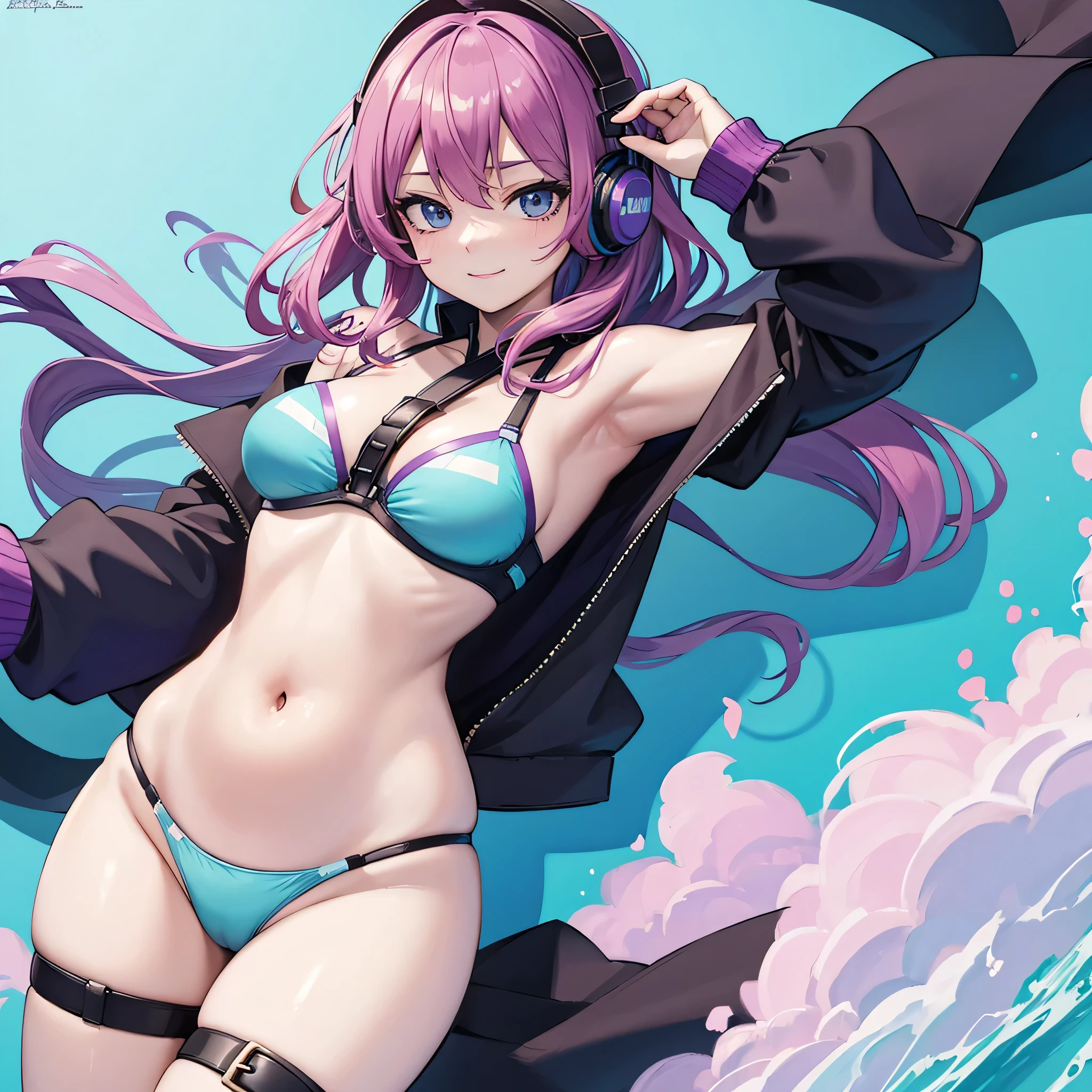 (highest quality,4k,8K,High resolution,masterpiece:1.2),Super detailed, anime style, The aesthetics of vaporwave, line drawing, small breasts, Last, Slim thicc died:1.5, bikini with harness, Bikini with exposed belly button,purple and light blue background, erotic pose:1.5, wearing big headphones, died, attractive appearance:1.2, smile、look at the camera