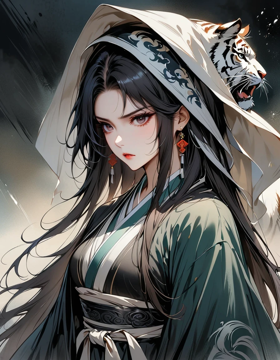 (masterpiece, best quality:1.2), 1 girl, alone,two-dimensional,amazing,Inspired by the myths and legends of Guilin, China:Liu Sanjie,A bust of a woman 白色的长发,black eyes, a woman, Head covered with a cloak, metal jewelry, Serious expression, attack action, lower your head, hanfu, black clothes, eyes cold, loose hair, (ink smudges) beautiful figure painting, Clothing black and white ink style, Delicate skin tone, watercolor, soft, martial arts style, ethnic style, Exquisite and beautiful face, sash, keen vision,black theme,The ferocious beast behind,tiger,body movements,whole body,shoe,sock