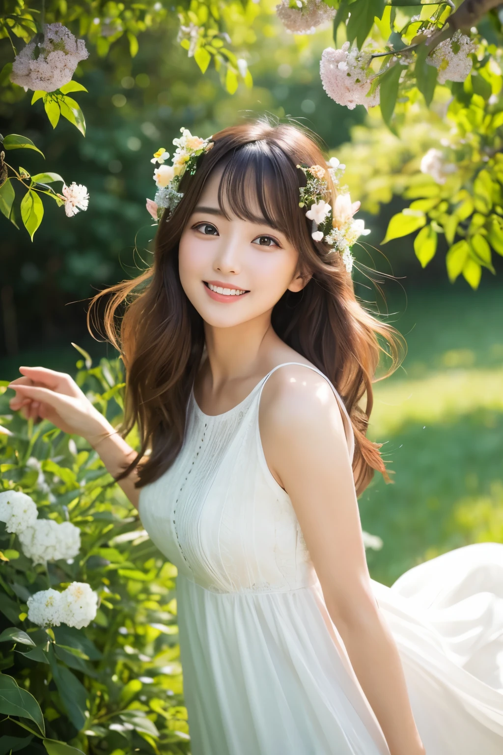 , Masterpiece of highest quality, 8K ultra-high resolution, eleven-tenths beautiful eyes, ,
A serene goddess of around twenty, medium-length chestnut hair, bangs fluttering in the wind,
Approaching in the lush green meadow with grace, white flowing dress billowing, gentle steps resonating,
Delicately woven lighter parts revealing her form, sunlight casting intricate shadows, revealing her captivating visage,
Radiant aura emanating, teeth gleaming with a slight smile, butterflies fluttering in enchantment,
Blossoms at her feet bursting with color,