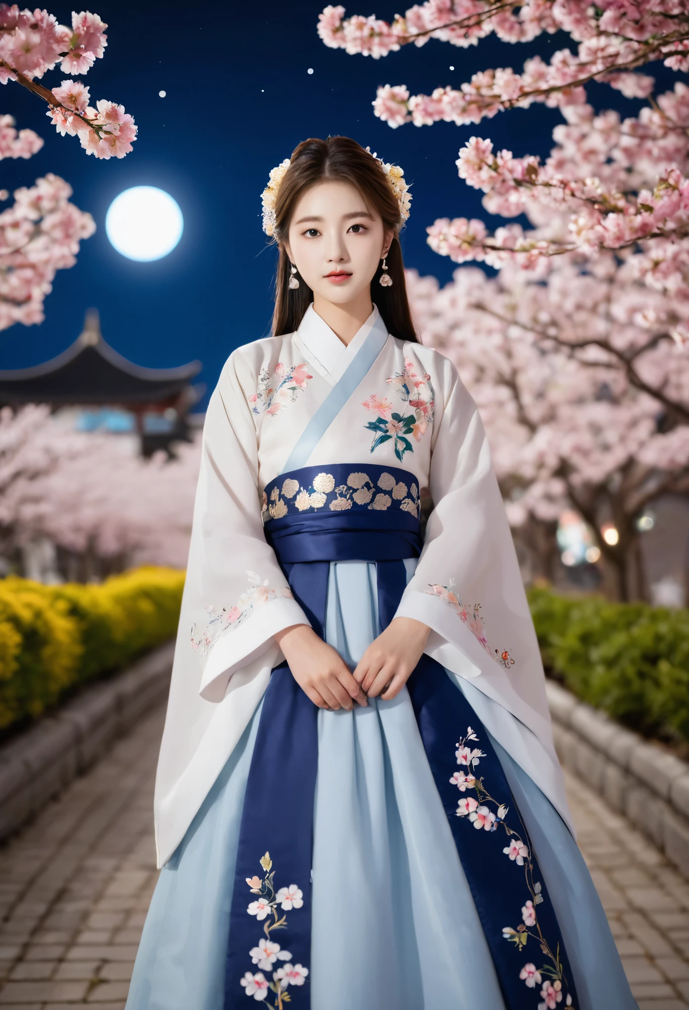 best quality, High_solve, clearly_image, Detailed background ,girl, Hanbok,flower,flower园,moon, night,Dutch Cape, Wide-angle lens, crown,