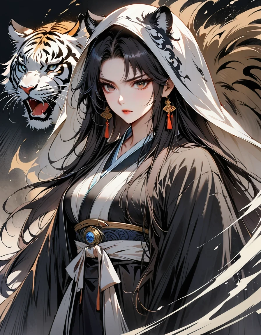 (masterpiece, best quality:1.2), 1 girl, alone,two-dimensional,amazing,Inspired by the myths and legends of Guilin, China:Liu Sanjie,A bust of a woman 白色的长发,black eyes, a woman, Head covered with a cloak, metal jewelry, Serious expression, attack action, lower your head, hanfu, black clothes, eyes cold, loose hair, (ink smudges) beautiful figure painting, Clothing black and white ink style, Delicate skin tone, watercolor, soft, martial arts style, ethnic style, Exquisite and beautiful face, sash, keen vision,black theme,The ferocious beast behind,tiger,body movements,whole body,shoe,sock