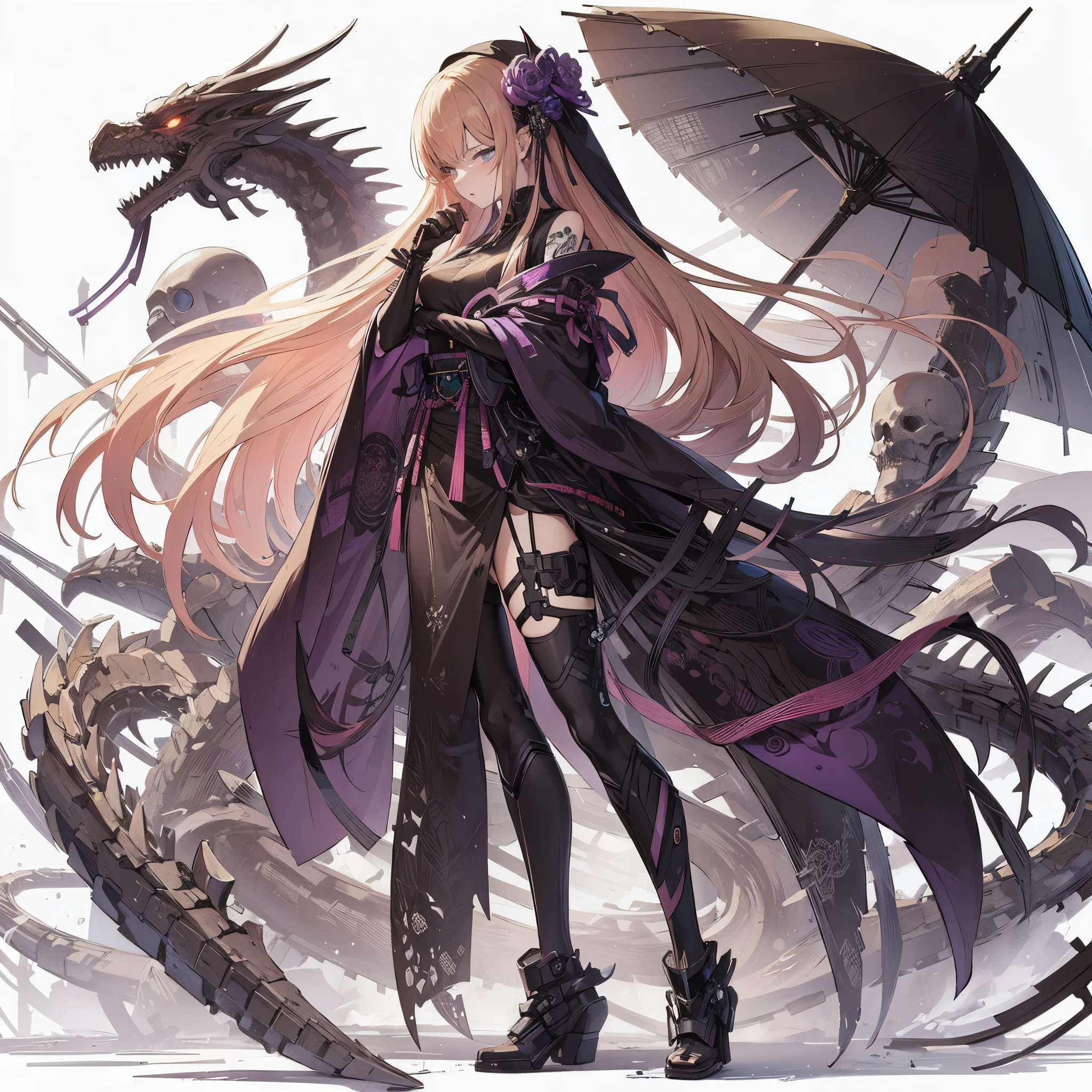 (Masterpiece, top quality), (perfect athlete body: 1.2), (detailed hair), super detailed, anime style, full body, solo, Cyberpunk shadow maiden, light peach hair in a single braid, narrow eyes, wearing Japanese nun’s habit, dark purple cyberpunk kimono, shaped by bones and shadows dragon as servants, sleepy standing, wearing hi-tech boots, standing wasteland, white background, whole body,