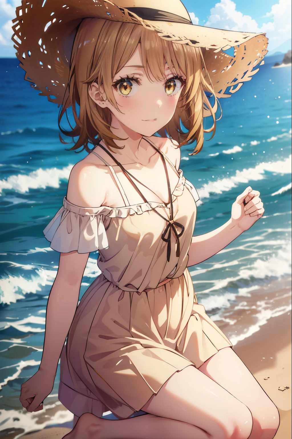 irohaisshiki, iroha isshiki, short hair, Brown Hair, (Brown eyes:1.5), smile,Yellow bikini swimsuit,Hibiscus hair accessory,Oversized shoulder t-shirt,barefoot,Big straw hat,Palm tree,Clear skies,whole bodyがイラストに入るように,
break outdoors, Beach,Sandy Beach,
break looking at viewer,whole body,(Cowboy Shot:1. 5)
break (masterpiece:1.2), highest quality, High resolution, unity 8k wallpaper, (figure:0.8), (Beautiful fine details:1.6), Highly detailed face, Perfect lighting, Highly detailed CG, (Perfect hands, Perfect Anatomy),