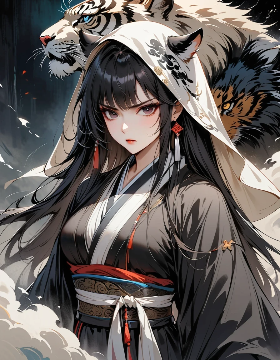(masterpiece, best quality:1.2), 1 girl, alone，two-dimensional，amazing,Inspired by the myths and legends of Guilin, China:Liu Sanjie，A bust of a woman 白色的长发，black eyes, a woman, Head covered with a cloak, metal jewelry, Serious expression, attack action, lower your head, hanfu, black clothes, eyes cold, loose hair, (ink smudges) beautiful figure painting, Clothing black and white ink style, Delicate skin tone, watercolor, soft, martial arts style, ethnic style, Exquisite and beautiful face, sash, keen vision，black theme，The ferocious beast behind，tiger，body movements，whole body，shoe，sock