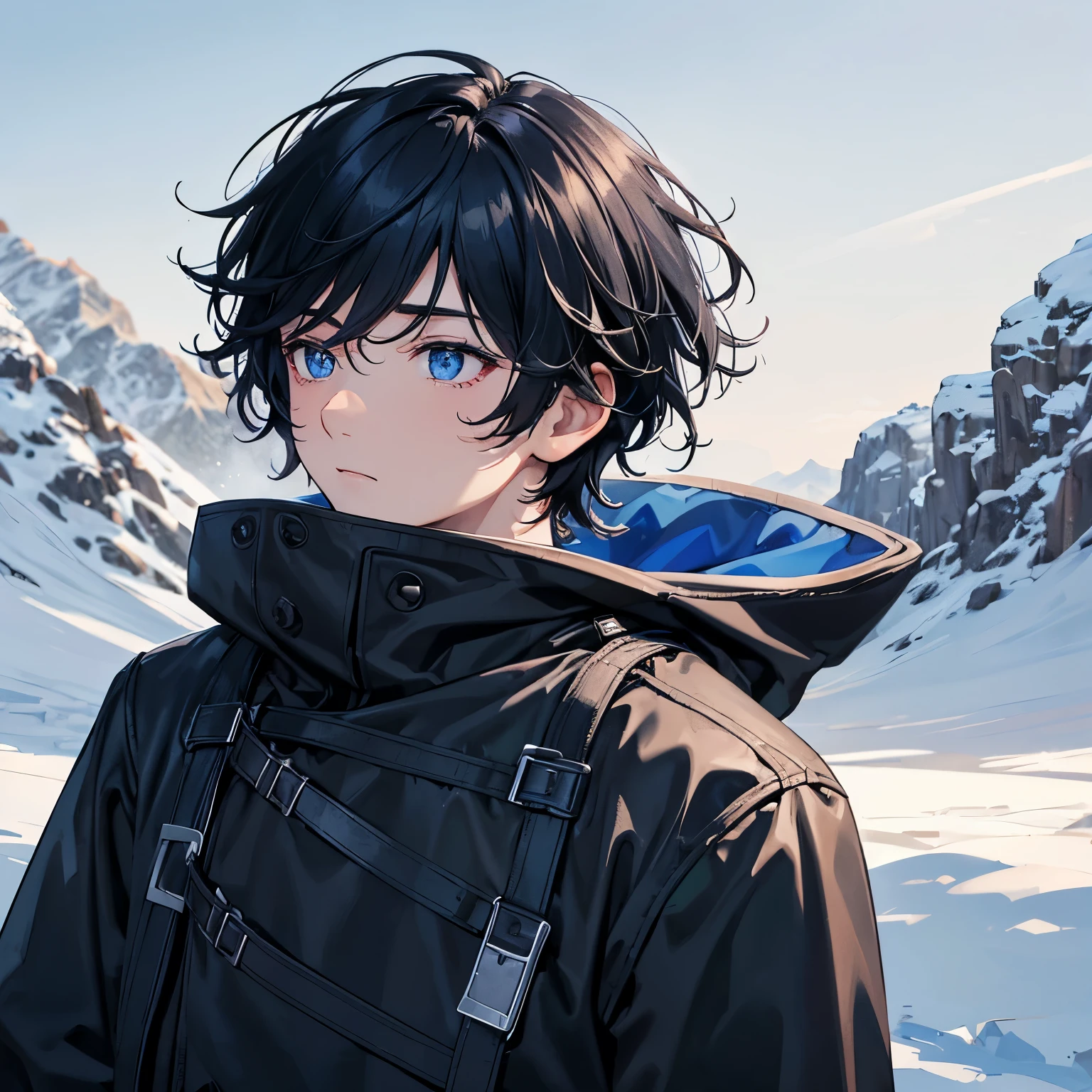 best quality, masterpiece, Depressed, Very depressed, young teen male, short black hair with blue highlights, wearing black snow coat, snowy background, snowscape, snowy field,