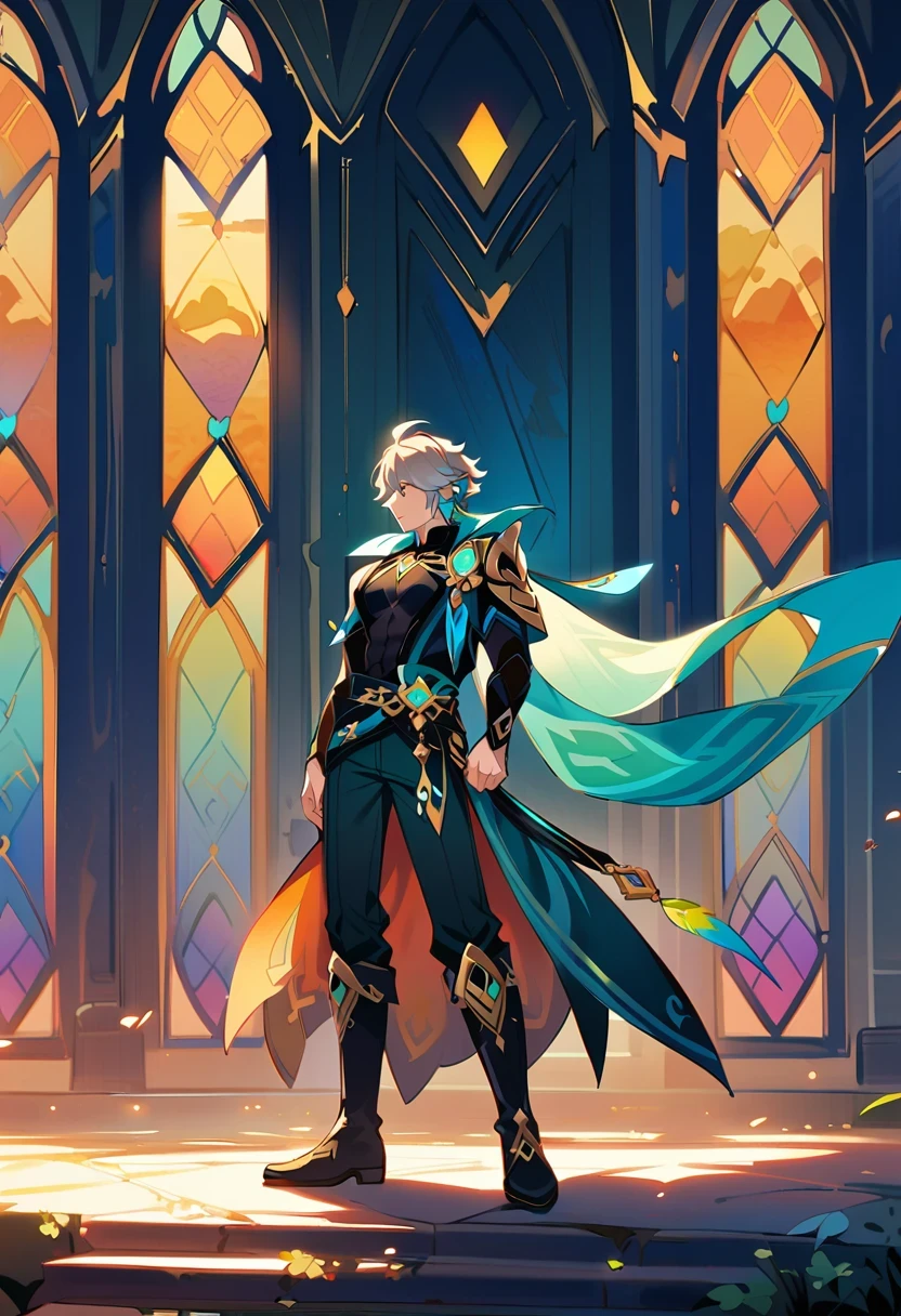 Al Haitham (Genshin Impact), 1 male, (alone:1.4), white hair, Standing in front of a stained glass window, dramatic sunset lights