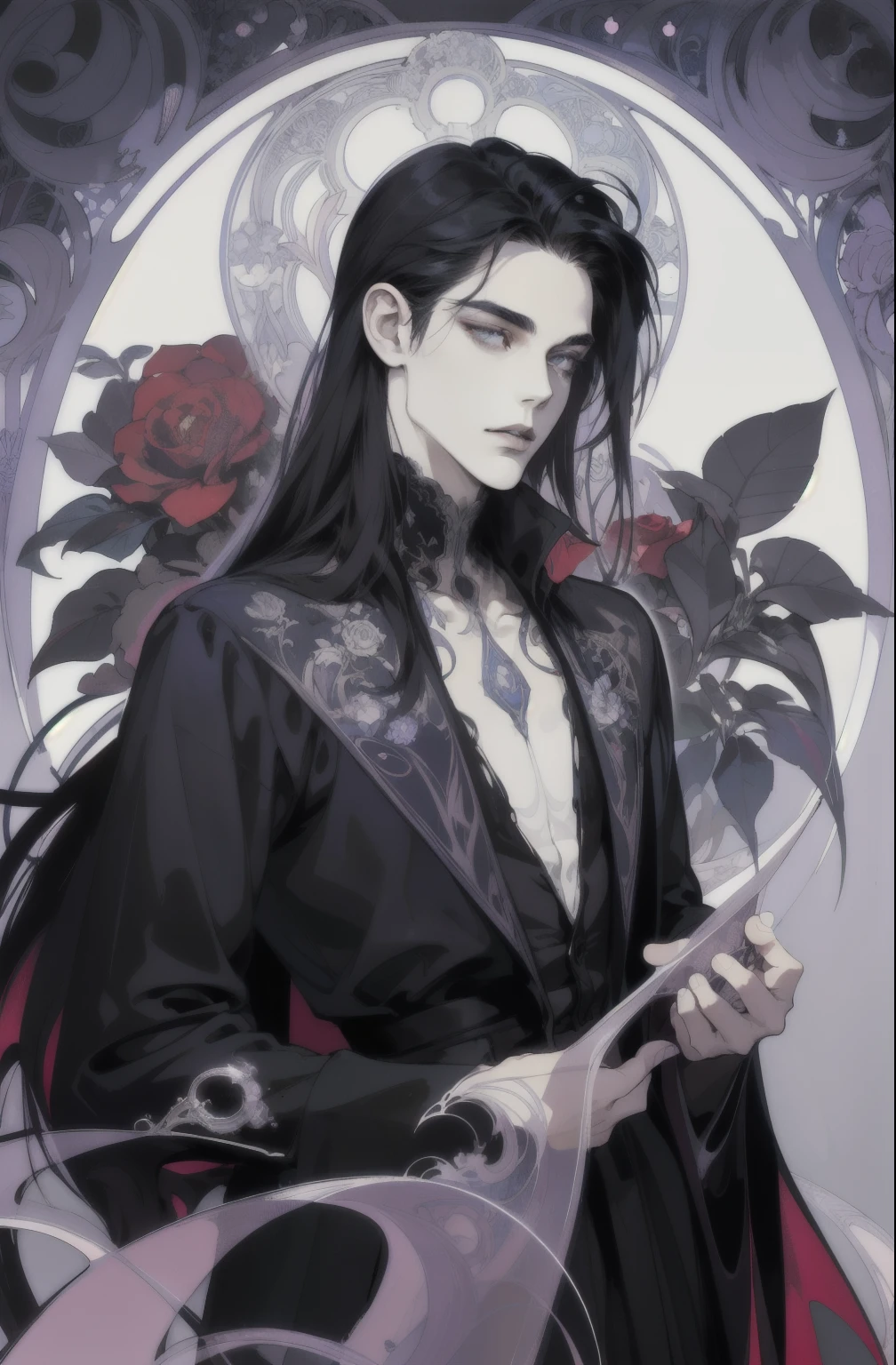 basic Art Nouveau, A beautiful Vampire tarot card with, beautiful femenine man perfect face, young vampire man, (((oval face))), dark clothes, beautiful vampire man, soft and melancholic facial features, delicated man, no wrinkles, no lipstik, effeminate face, gothic style, perfect detailed eyes and face, long black hair and blue eyes vampire man, synthwave and Art Nouveau hybrid style, bold and flowing lines, dynamic composition mixing organic Art Nouveau patterns, intricate roses and motifs intertwined with geometric shapes, figure embodying The Vampire with an air of mystique and gothic, commanding yet serene expression, robes adorned with Art Nouveau inspired patterns, digital grid landscapes accented with natural forms, neon-like outline effects reminiscent of stained glass, white background, high contrast for easy coloring, visual clarity, French Art Nouveau, 80's Vaporwave art style. minimalist detail, subtle det