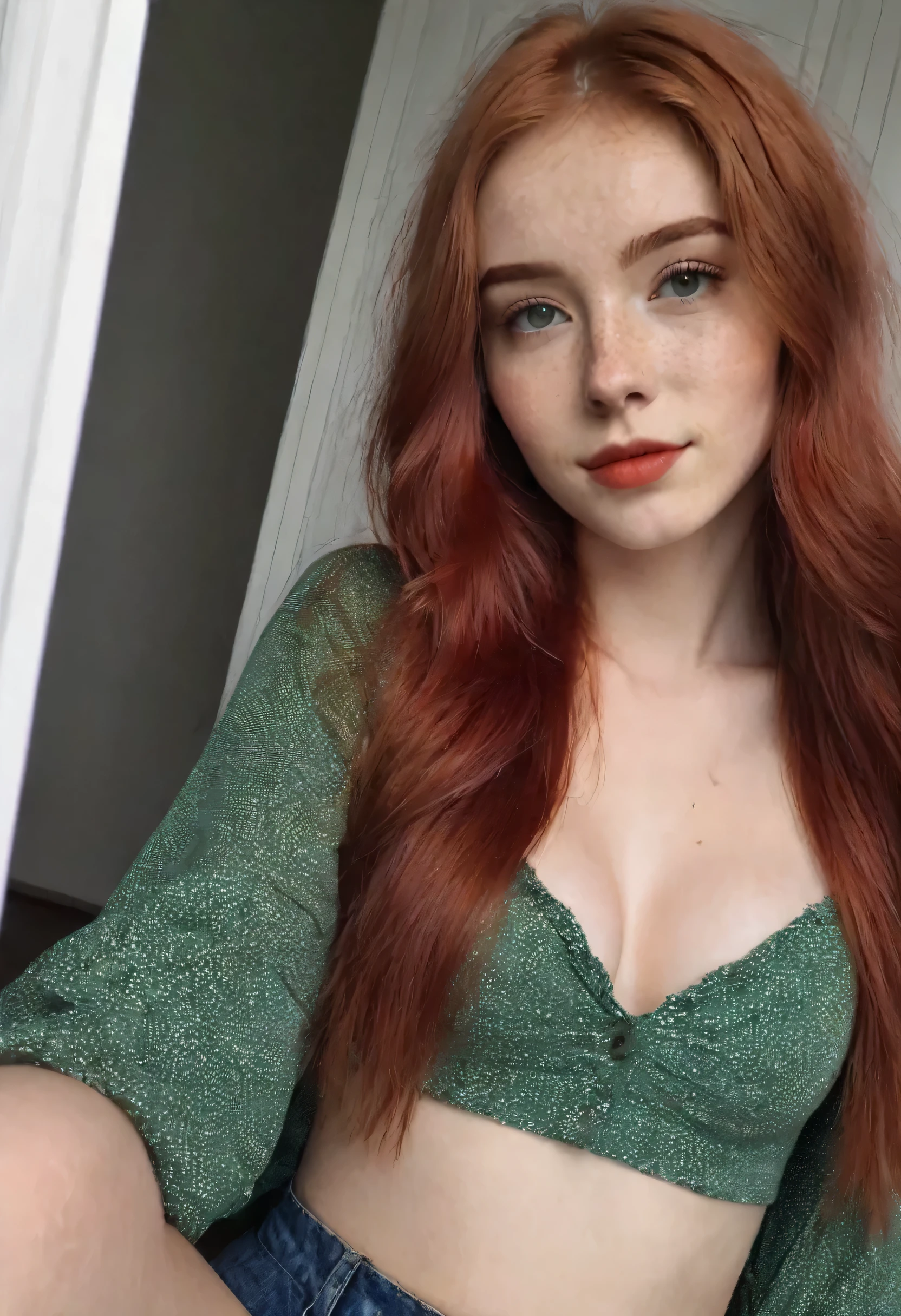 ((best quality)), ((detailed)), (masterpiece), 8k RAW PHOTO, phone photo, ((cute face, perfect face, slight smile, young 18 years old girl, skinny legs, skinny thighs,medium size breast, skinny waist:1.1)), ((red hair), (freckles:0.9), greeneyes, long straight red hair), selfie photo, selfie in mirror, photo by iphone