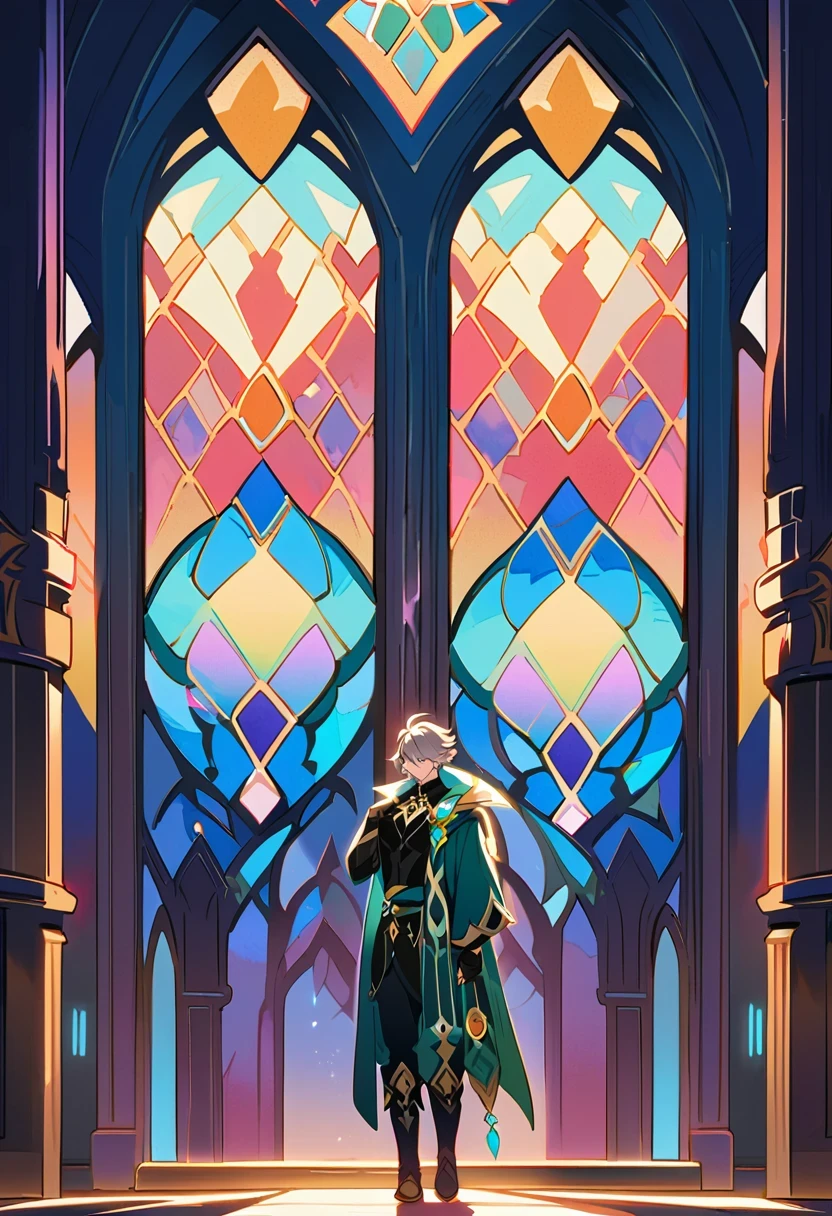 Al Haitham (Genshin Impact), 1 male, (alone:1.4), white hair, Standing in front of a stained glass window, dramatic sunset lights