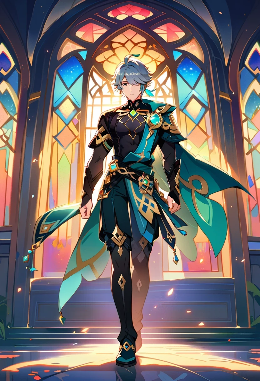 Al Haitham (Genshin Impact), 1 male, (alone:1.4), white hair, Standing in front of a stained glass window, dramatic sunset lights