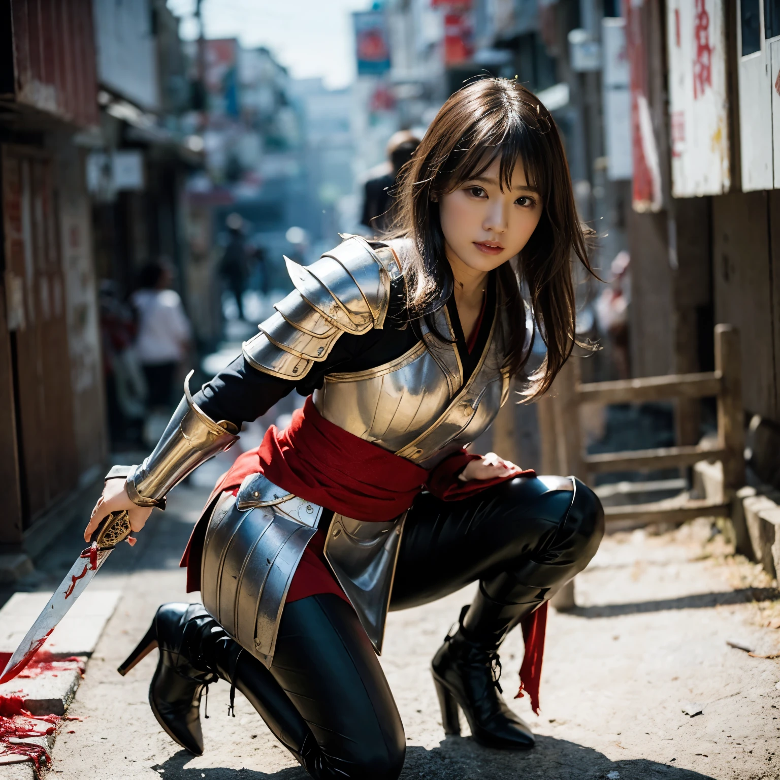 (((Realistic, masterpiece, best quality, crisp detail, high definition, high detail, sharp focus, perfect studio lightning))), 20 years old kasumi arimura, wearing damaged armor, japan style armor, full body armor, full decorated golden armored kimono, long straight hair, dirty, sweating, bloodstained face, blood scattered, bloodbath, carnage, swinging long blood scattered sword against cursed warriors, an epic war, fire everywhere, smoke everywhere, blood everywhere, death everywhere, japan bakumatsu period, ruined and burned city background