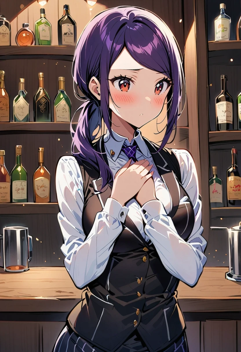 1 girl, alone, Bangs, blush, Put your hands on your chest, Jill Stingray, long sleeve, looking at the audience, purple hair, medium breasts, tie, shirt, alone, Upper body, Vest,  bartender, Vest, white shirt,