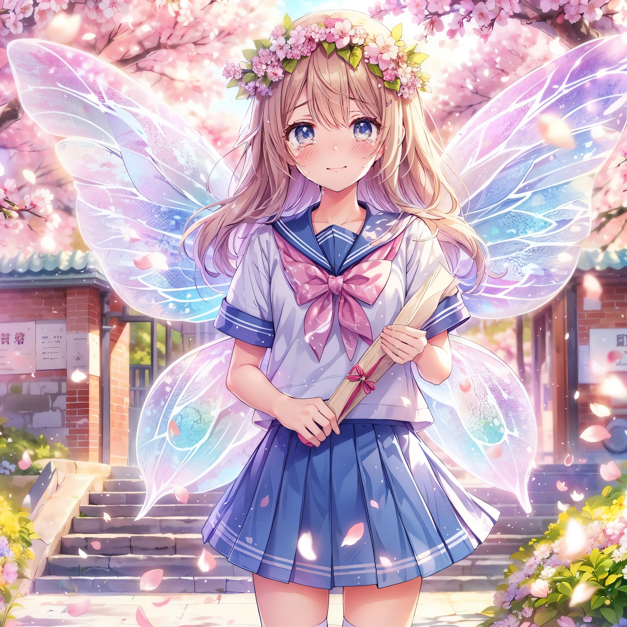 (Masterpiece, best quality), 1girl, solo, Spring, cherry blossoms in full bloom, a fairy girl with transparent colorful fairy wings, wearing a sailor uniform, holding a ribbon tied (((paper scroll))) in both hands, standing in front of the school gate, laughing and shedding tears. Gorgeous pastel colors, (fairy wings), outdoors, school uniform, serafuku, cherry blossoms, flower, blush, (smile:1.4), (tears:1.3), tree, hair ornament, shirt, petals, holding, sailor collar, looking at viewer