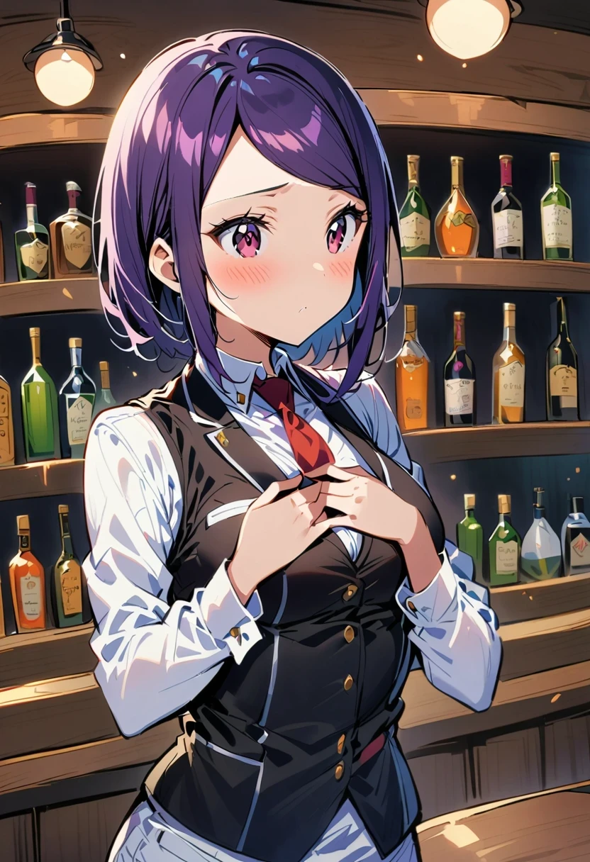 1 girl, alone, Bangs, blush, Put your hands on your chest, Jill Stingray, long sleeve, looking at the audience, purple hair, medium breasts, tie, shirt, alone, Upper body, Vest, bartender, Vest, white shirt,
