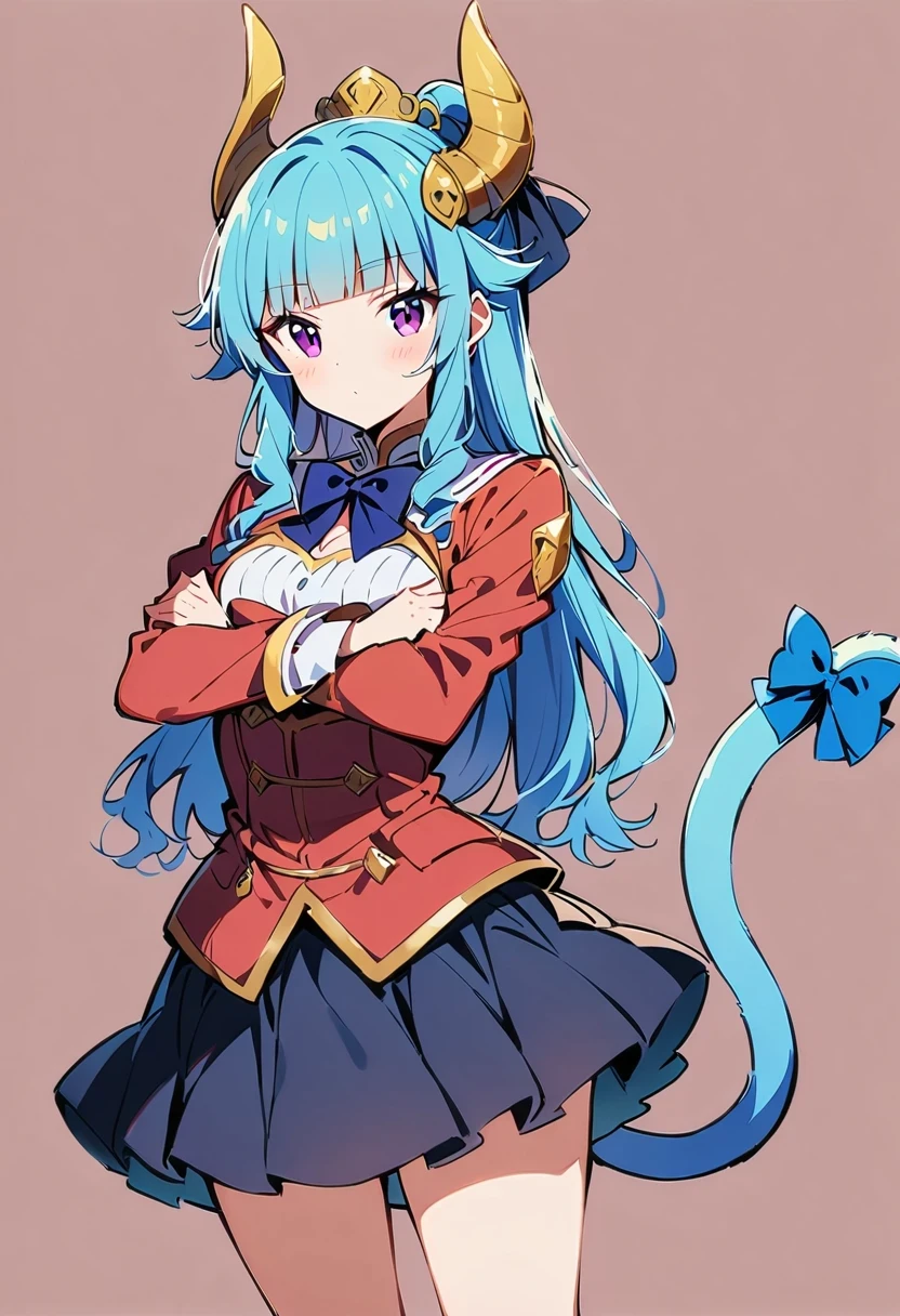 1 girl, Frederica Bernkastel, Bangs, blue bow, blue hair, blunt Bangs, bow, hold your chest, cat tail, arms crossed, skirt, long hair, long sleeve, purple eyes, Simple background, alone, tail bow, Tail accessories, tail raised, Tail strap