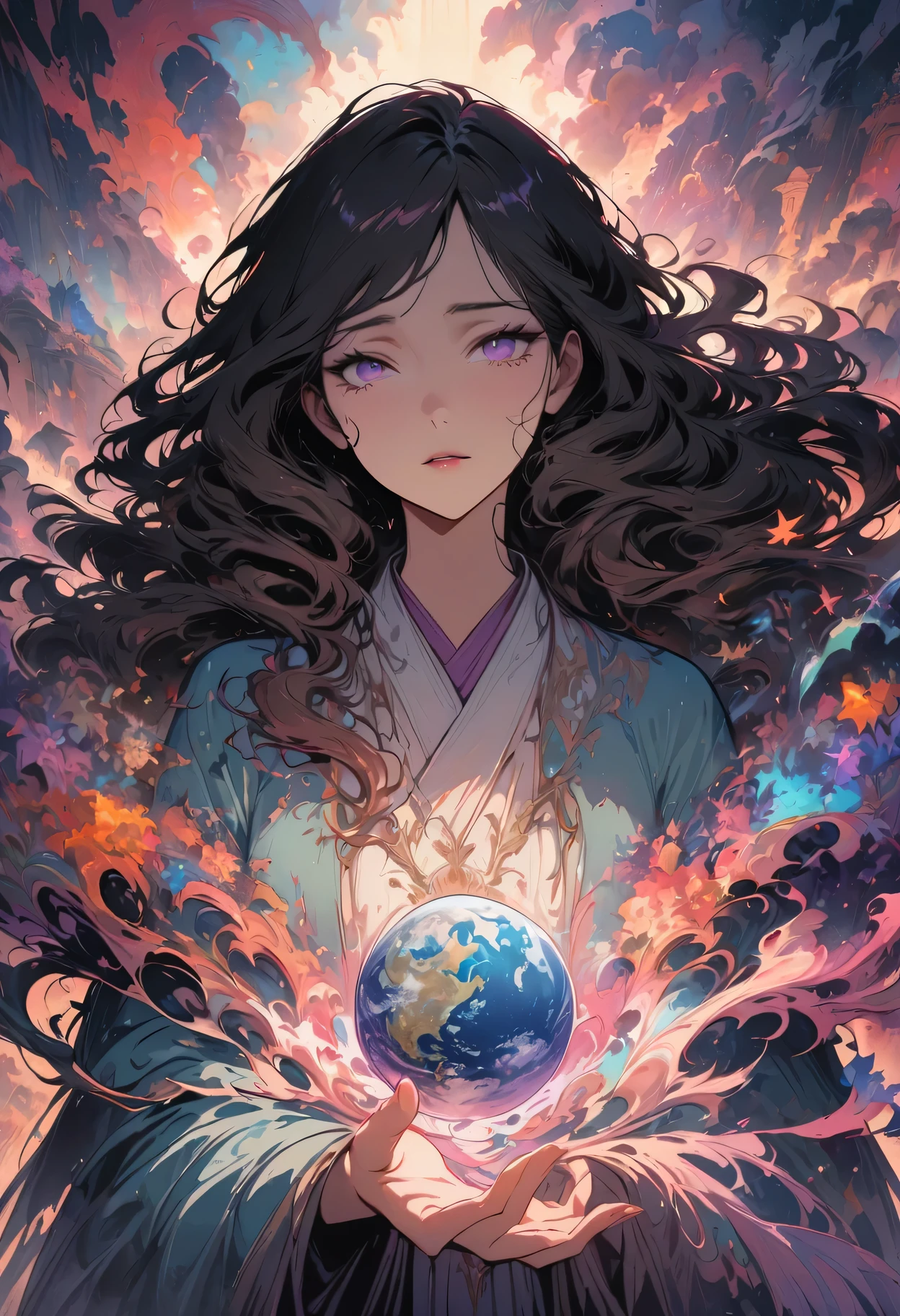 Japanese anime,Earth Guardian,Exquisite features,Tender and sad expression,(best quality,High resolution,masterpiece:1.2),Very detailed,actual:1.37,anime style,shiny color,soft lighting,a handsome man holding a actual representation of Earth,beautiful eyes,Carefully crafted face,strong jawline,flowing hair,fine wrinkles around the eyes,soft, Expressive lips,Big deal, soulful eyes,sharp gaze,Eyes watering slightly,There were tears on his cheeks,faint smile,Slender figure,Stylish clothing with intricate details,Detailed hands and fingers,Subtle highlights and shadows on skin,Dynamic pose of man holding earth in one hand,The other hand stretches to the sky,Background with futuristic cityscape and floating islands,Glowing particles around people,Carefully rendered textures on the Earth,Twinkling stars in the night sky,Emotional atmosphere,A sense of responsibility and yearning for the world,moody、Atmospheric scenery,The magical aura surrounding humanity and the planet,Engaging and emotionally rich narrative,The attention to detail in every aspect of the artwork is impressive,Improve craftsmanship,immersive and actual anime-inspired art style