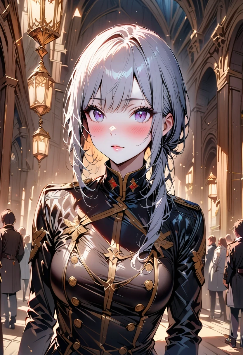 ((masterpiece)), best quality, extremely detailed face, ultra high resolution, (photoactual:1.4), amazing, fine details, File size is large, correct exposure, 1 girl, slim, Height 162cm, (intricate details), alone, looking at the audience, perfect lighting, actual, lips, blush, shiny skin, White skin,extremely detailed face, beautiful and delicate eyes, (Delicate skin:1.2), cosmetic, depth of field, ((uniform, coat,black stockings,leather shoes,)),whole body, eternal,