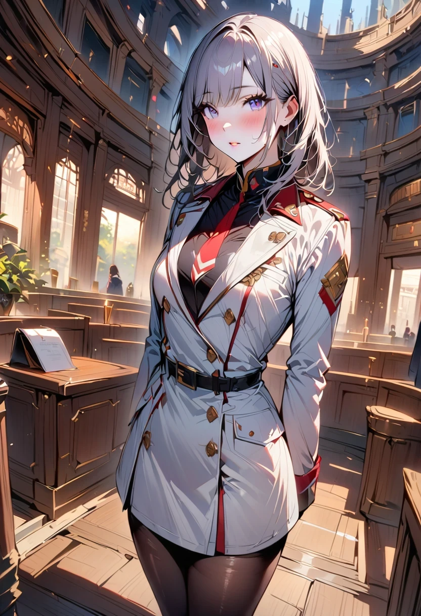 ((masterpiece)), best quality, extremely detailed face, ultra high resolution, (photoactual:1.4), amazing, fine details, File size is large, correct exposure, 1 girl, slim, Height 162cm, (intricate details), alone, looking at the audience, perfect lighting, actual, lips, blush, shiny skin, White skin,extremely detailed face, beautiful and delicate eyes, (Delicate skin:1.2), cosmetic, depth of field, ((uniform, coat,black stockings,leather shoes,)),whole body, eternal,