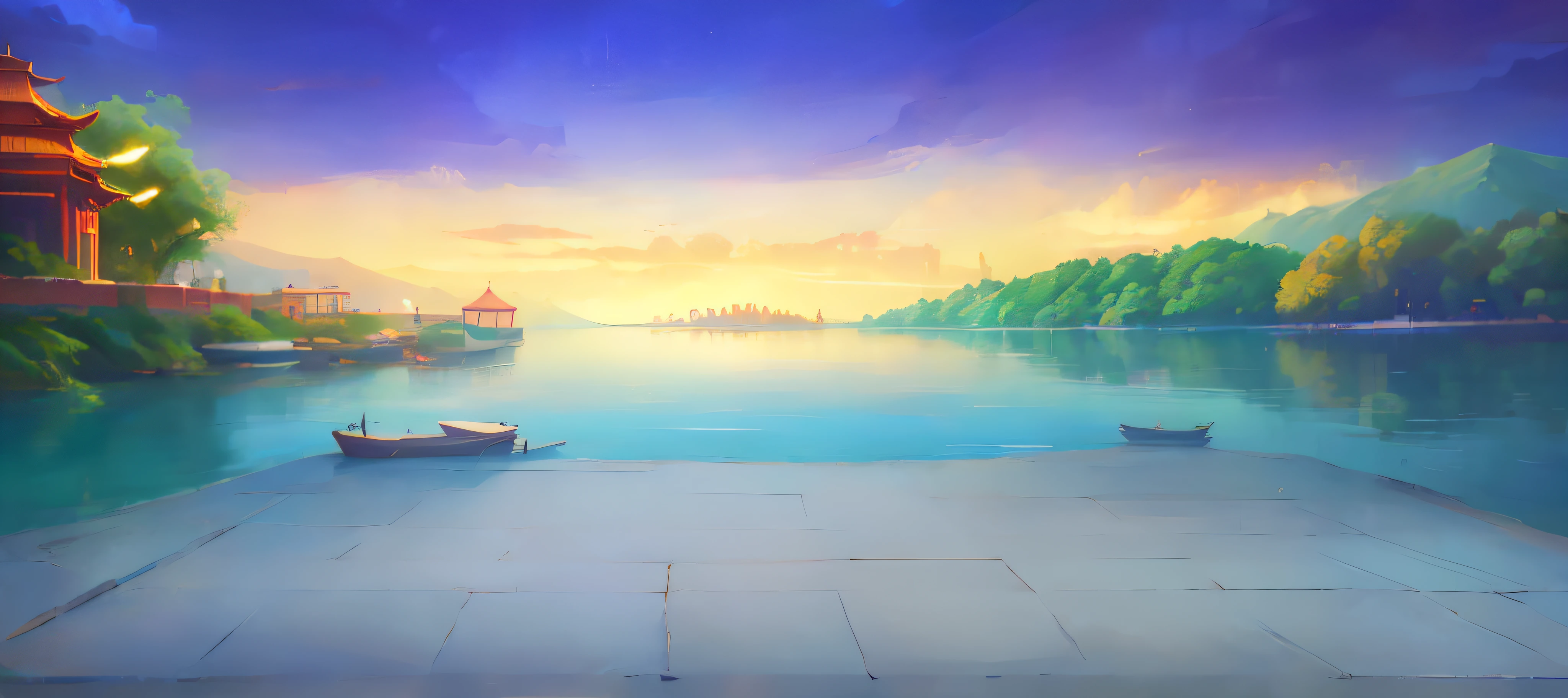 Cartoon illustration of beautiful landscape with lake and pagoda, lake background, Beautiful lake background, Detailed Landscape—Width 672, port scene background, seaside background, background art, island background, background art品, landscape background, Detailed lake in background, landscape background, temple background, peaceful afternoon, golden hour background, calm night, 美丽的landscape background
