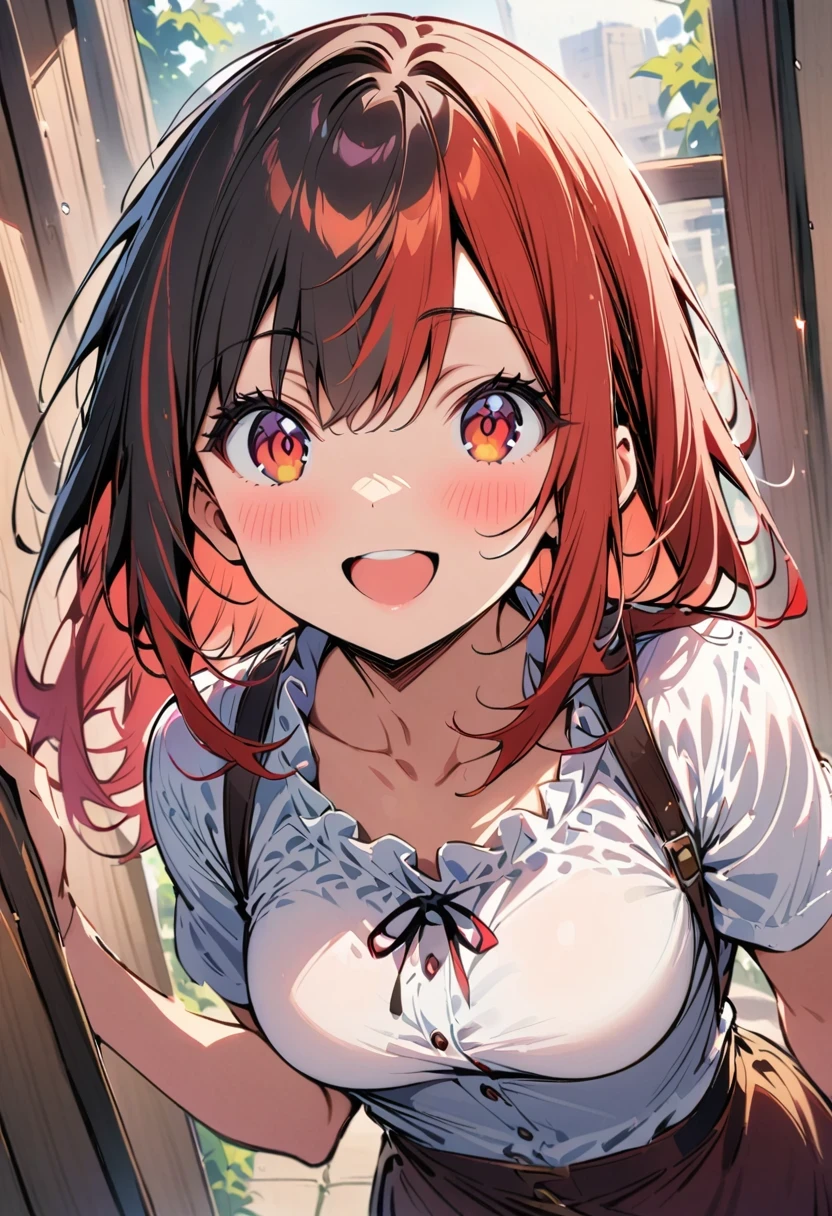 top quality, masterpiece, black hair, Red eyes, look up, Upper body, kawaii, ruffled shirt, Smile,Red hair
