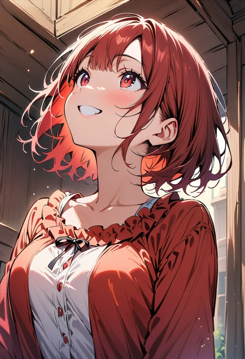 top quality, masterpiece, black hair, Red eyes, look up, Upper body, kawaii, ruffled shirt, Smile,Red hair