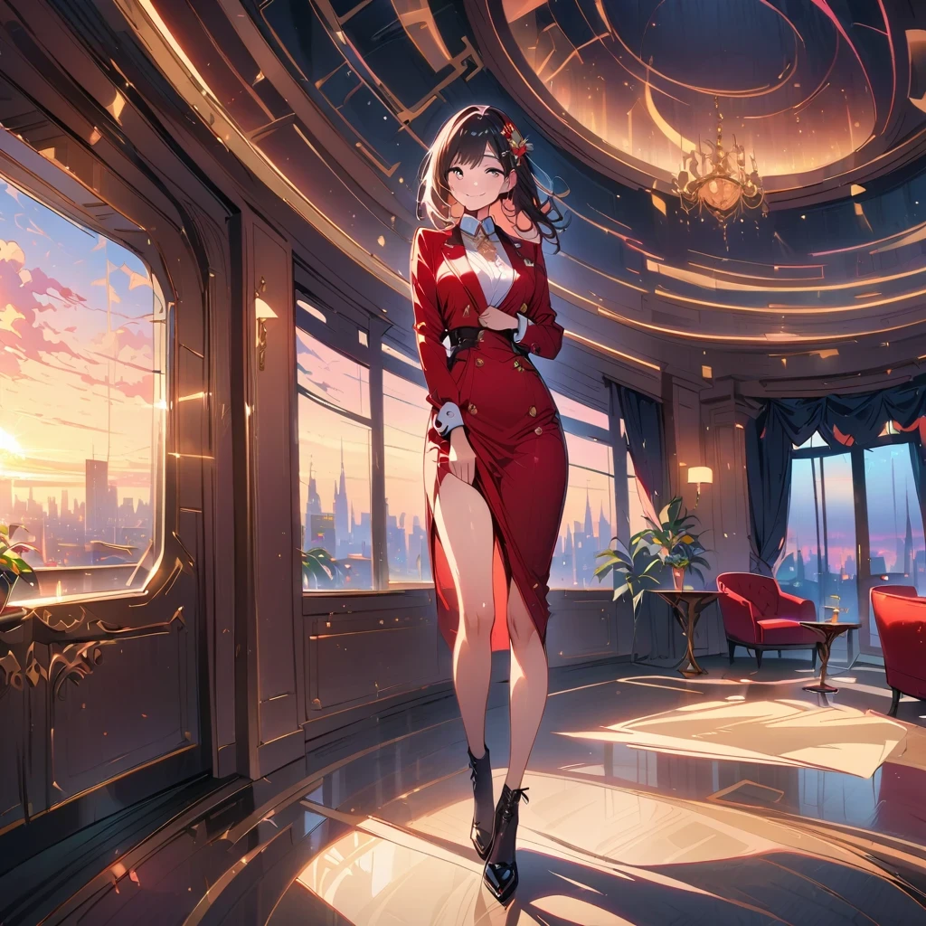 masterpiece, best quality, 8K, high dynamic range, (from head to foot:1.4), Original digital still photo of a young Rondonian or Rondoniense woman standing proudly, Slim, sexy body and face, Give the audience a sarcastic smile, Expensive modern clothing, hair accessories, Discrete jewelry, Hotel suites, intricate details, night, Interior lighting fixtures and framed sunset outside, Realistic lighting, dynamic colors of light, surreal