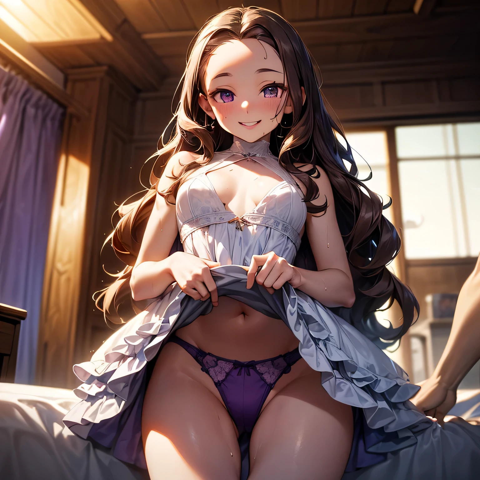ultra-be familiar with,highest quality,masterpiece,ultra-be familiar with,High resolution,extremely be familiar with CG,perfect anatomy,be familiar with,cinematic lighting,beautiful be familiar with eyes,超High resolution,alone,(alone focus:1.6),1 female,(25 years old:1.4),(expensive:1.6),glowing skin,oil skin,red,green,pink,Money,Sweat,humid,trembling,strong light comes in,spot lighting,bright,dressed,(purple fancy underwear:1.6),(とてもbright茶色の髪:1.4),very long hair,(amount:1.5),(wavy hair:1.5),(Cute purple eyes:1.2),(hair with volume:1.5),(small breasts:1.3),(halterneck layered white dress:1.6),(bed:1.2),(enchanting smile:1.8),throw,(Naughty :1.3),(Last:1.25),(Vulgarity:1.25),(skirt lift:1.3),thread of love juice