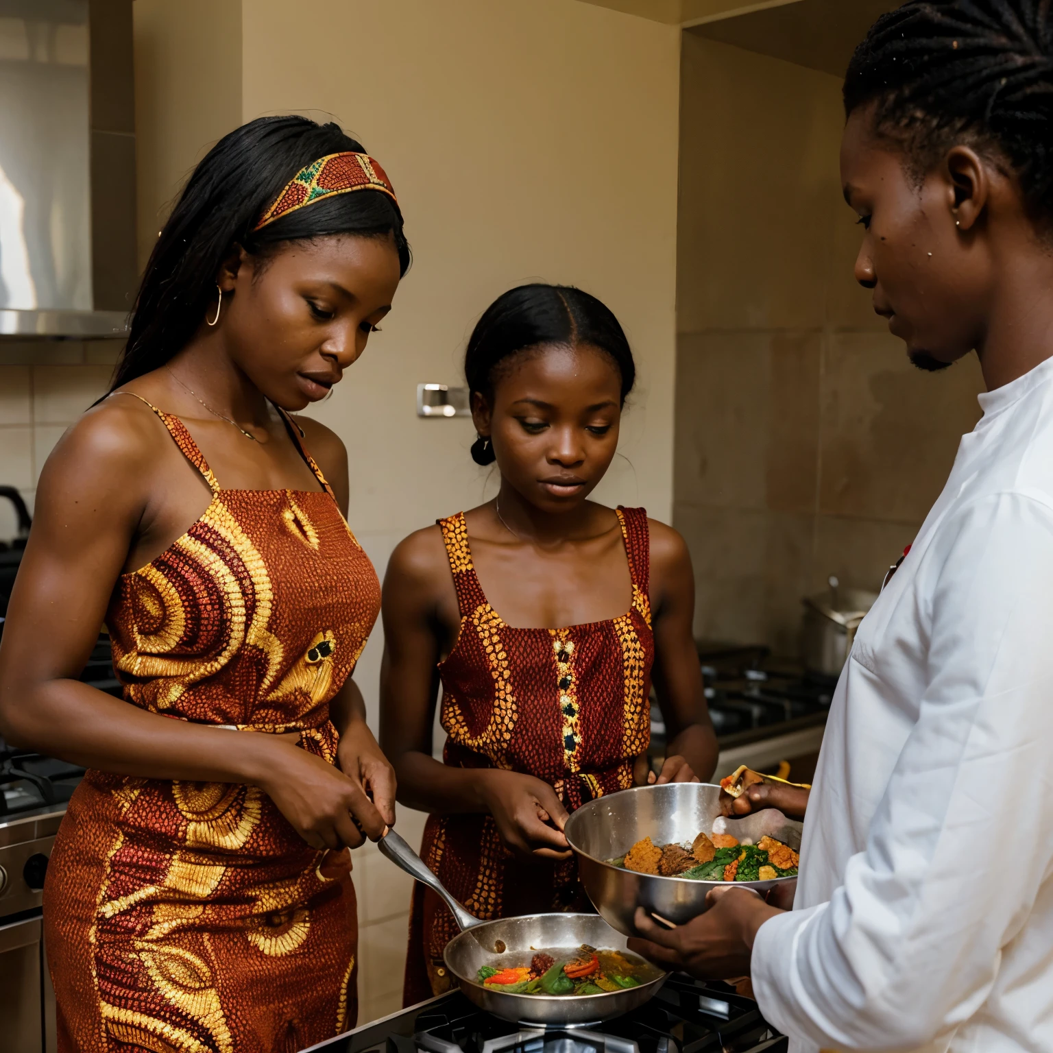 An african lady cooking a sumptious meal with her children doing assingment at the background