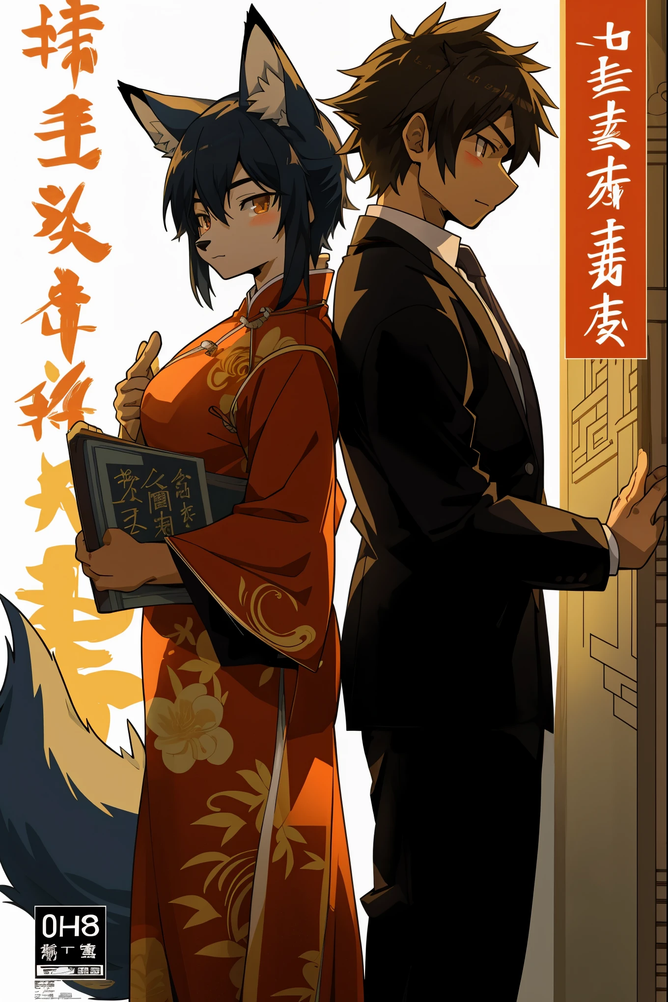 A doujinshi cover with a young male detective and a fox woman in a Chinese dress back to back, furry, kemono, with some elements of 007, battle manga,