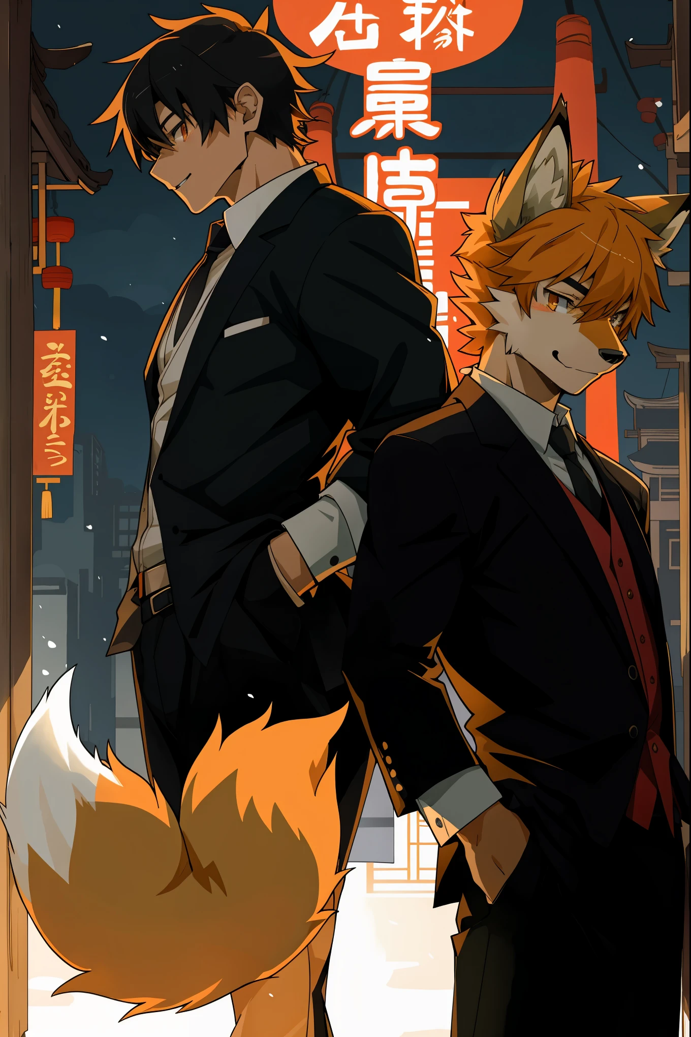 A doujinshi cover with a young male detective and a fox woman in a Chinese dress back to back, furry, kemono, with some elements of 007, battle manga,