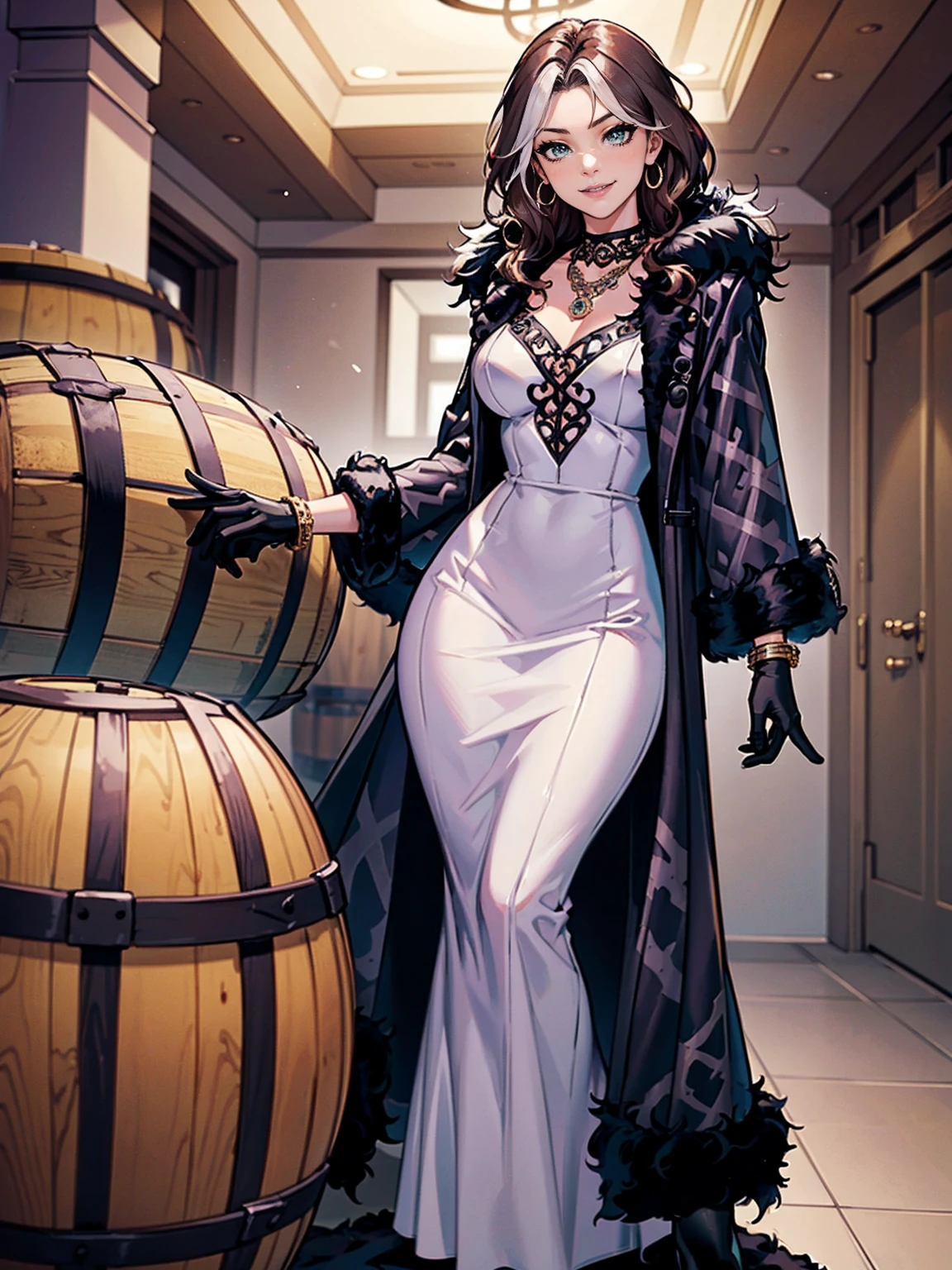 (artwork:1.0), (best_quality:1.2), ((fitness, muscular)), ((Classic Rogue, 1991 Rogue X-Men, 1girl, solo, medium length hair, ((brown hair, Wavy hair, messy hair, a strand of white hair)), bow hair, green eyes, mischievous look, smiling, curvy figure, medium breasts, lipstick, fitness)), ((white dress, ornate long dress, purple dress)), sexy violet dress)), (((black fur coat:1.4), (ornate dress, purple dress))), gold bracelet, winery,wine barrels backgroudn, standing on a barrel, sexy pose)), gloves, black gloves, bracelets, amethyst necklace, hoop earrings))