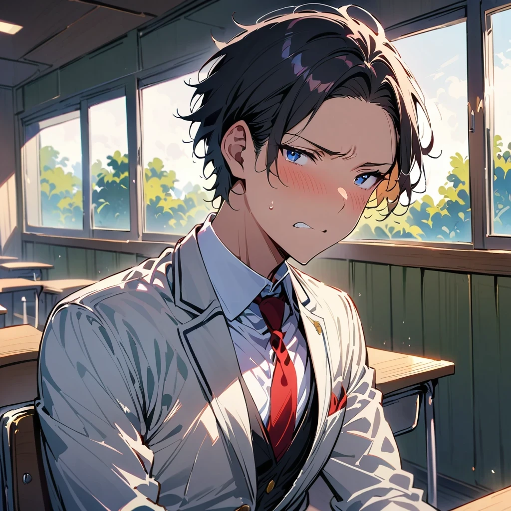 masterpiece, high quality, best quality, Fair, HD, actual, perfect lighting, Detailed face, detailed body, 1 person, black hair, blue eyes, Masculinity, suit school uniform, (dull expression: 1.5) (face natural: 1.5), sitting in the classroom