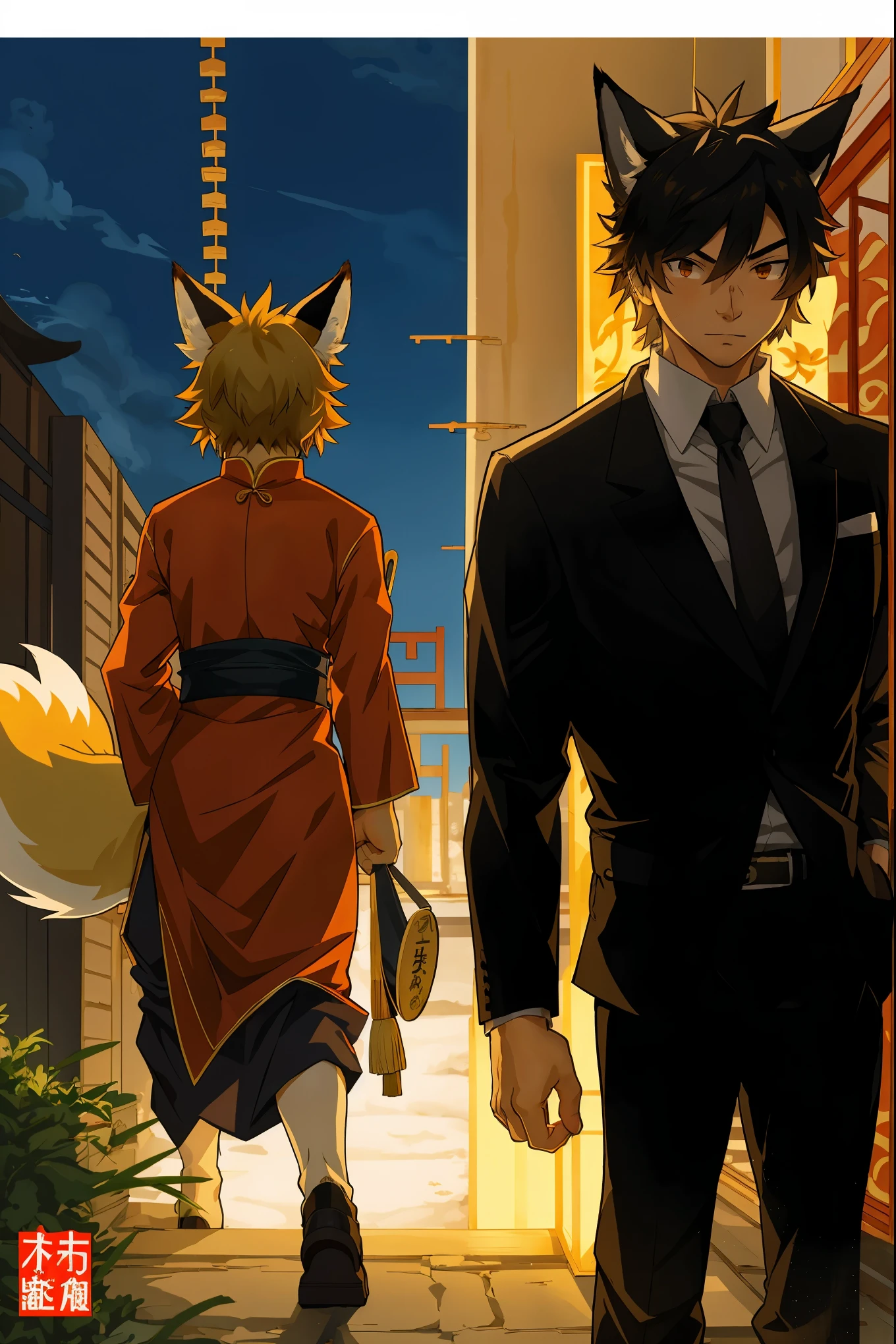 A doujinshi cover with a young male detective and a fox woman in a Chinese dress back to back, furry, kemono, with some elements of 007, battle manga,