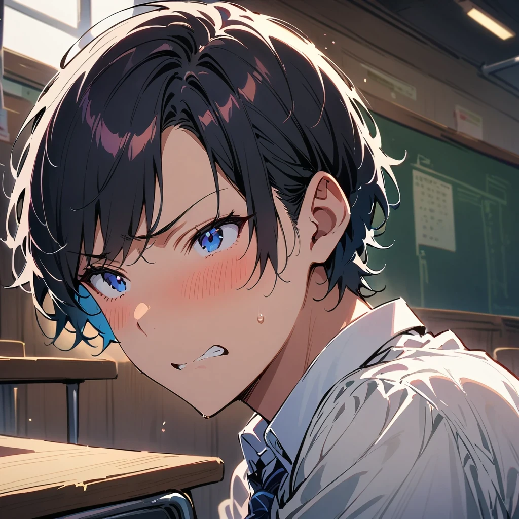 masterpiece, high quality, best quality, Fair, HD, actual, perfect lighting, Detailed face, detailed body, 1 person, black hair, blue eyes, Masculinity, suit school uniform, (dull expression: 1.5) (face natural: 1.5), sitting in the classroom