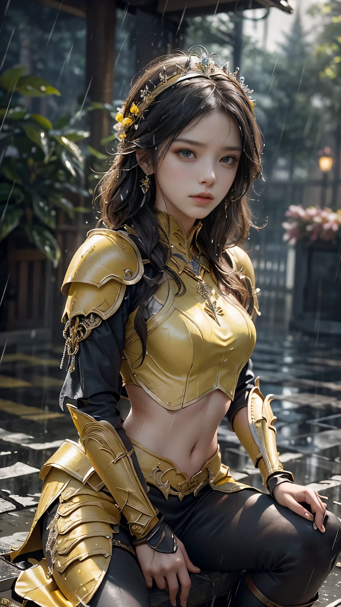 a woman in a yellow armor, realistic Art Station, (hard raining:1.5), Detailed Fantasy Art, Stunning Character Art, beautiful Exquisite Character Art, Beautiful (yellow Armor:1.5), Extremely Detailed, yellow armor Girl, Exquisite Intricate Headdress and Jewellery, sitting,