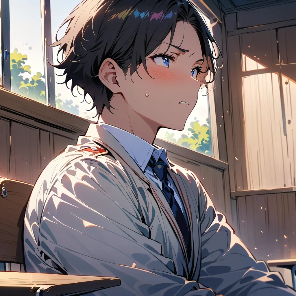 masterpiece, high quality, best quality, Fair, HD, actual, perfect lighting, Detailed face, detailed body, 1 person, black hair, blue eyes, Masculinity, suit school uniform, (dull expression: 1.5) (face natural: 1.5), sitting in the classroom