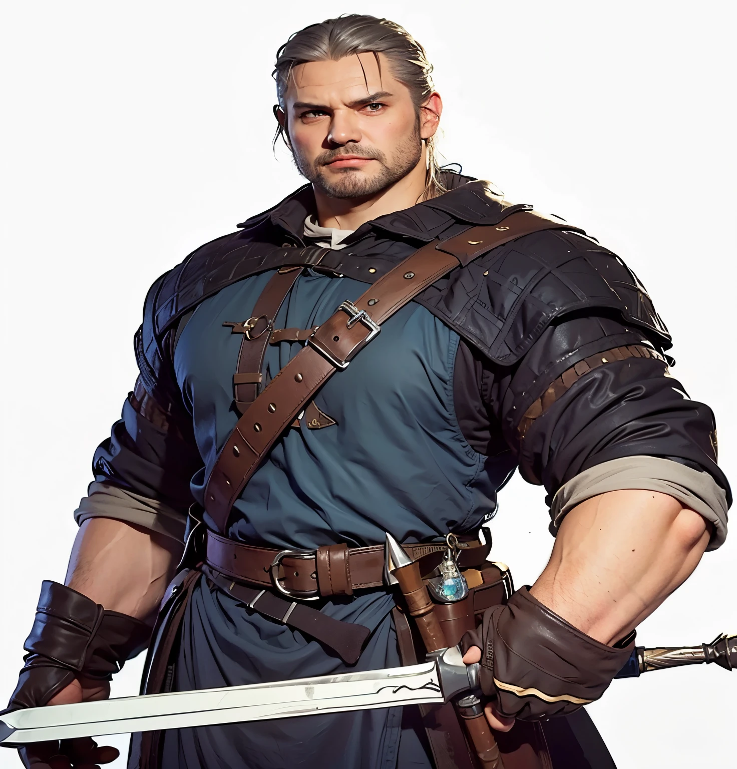 a  man with a sword and a hat, mario as the witcher, geralt of rivia, caleb from critical role,   ((full body dnd character portrait, witcher)),  detailed character. hyper realistic