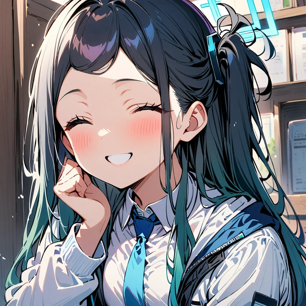 masterpiece, best quality, super detailed, 1 girl, Aris, white jacket, White shirt, blue tie, pleated skirt, halo, indoors, Smile 
