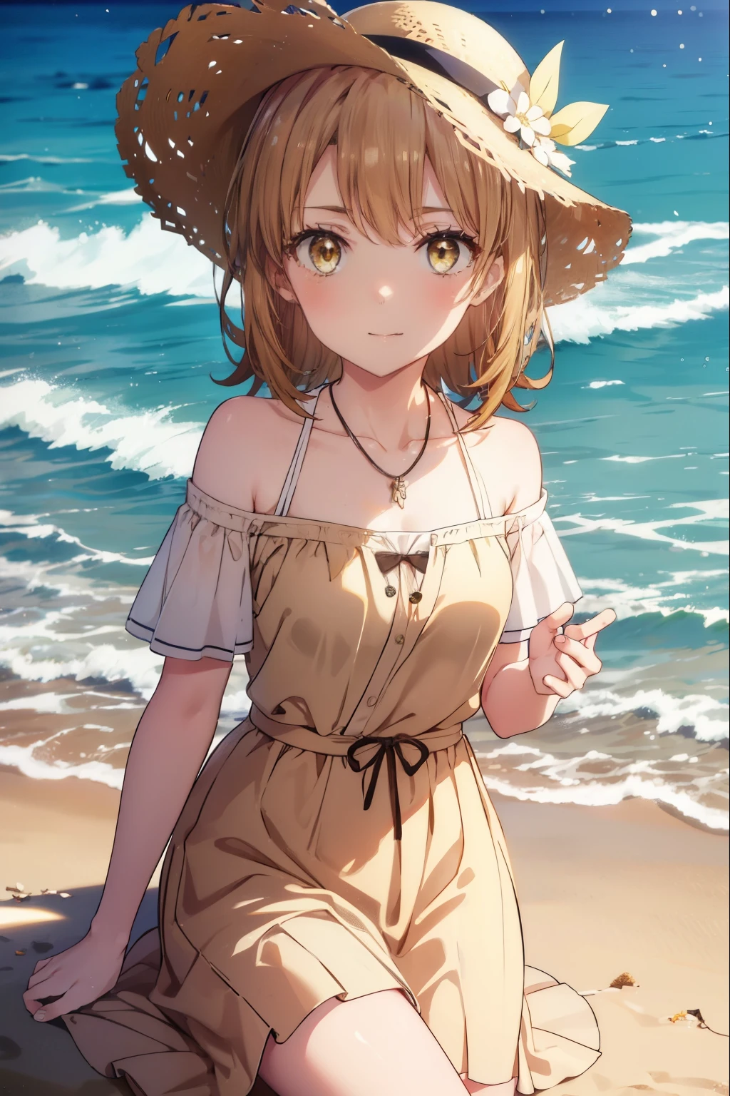 irohaisshiki, iroha isshiki, long hair, brown hair, (brown eyes:1.5), short braided hair,smile,blush,big straw hat,off shoulder dress,heart shaped pendant necklace,bare clavicle,naked neck,bare shoulders,long skirt,barefoot,turn around,
ビーチのsandy beachを散歩しながら、brown hair fluttering in the breeze,
break outdoors, sandy beach,海
break looking at viewer,
break (masterpiece:1.2), highest quality, High resolution, unity 8k wallpaper, (shape:0.8), (fine and beautiful eyes:1.6), highly detailed face, perfect lighting, Very detailed CG, (perfect hands, perfect anatomy),