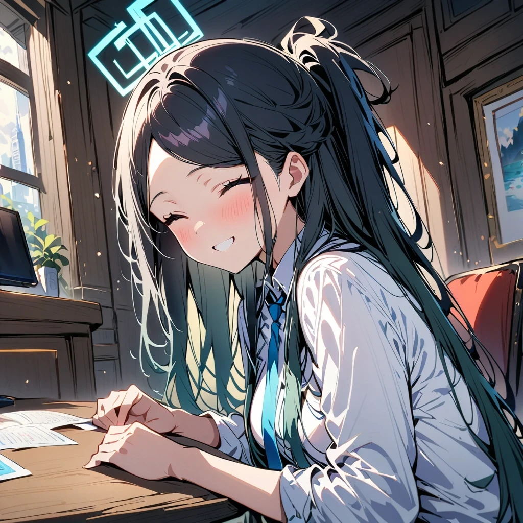 masterpiece, best quality, super detailed, 1 girl, Aris, white jacket, White shirt, blue tie, pleated skirt, halo, indoors, Smile 