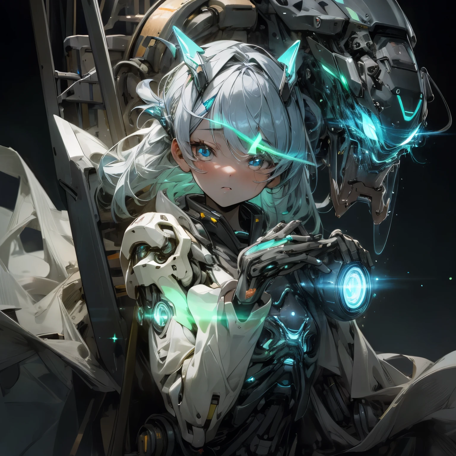 (masterpiece, best quality: 1.3), (16K, High resolution: 1.3), beautiful girl, Mechanical body, clear skin, film light, bioluminescence, Very cute and beautiful Korean female idol, stare at the viewer, eyes solemn,Full of perseverance,