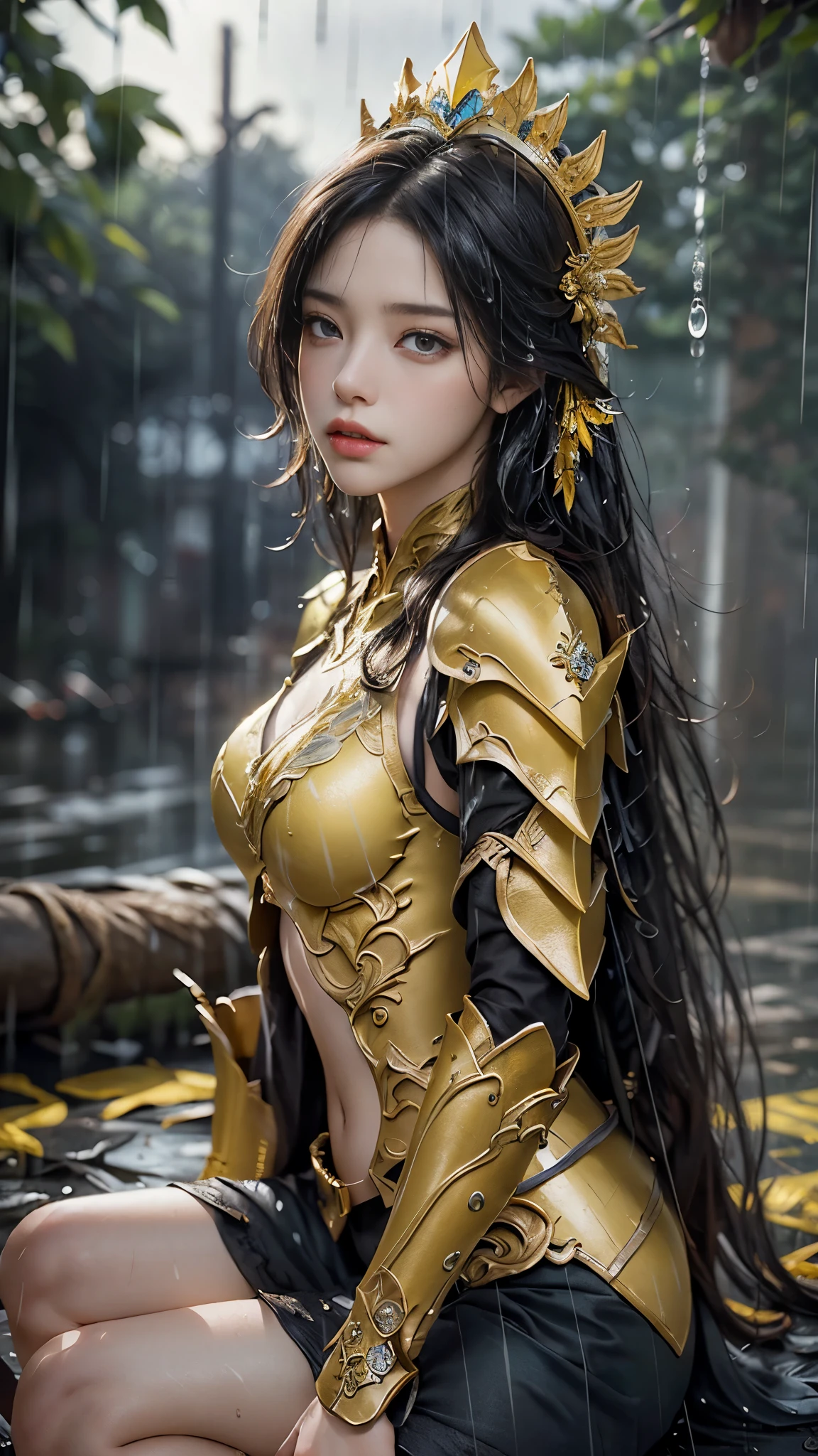 a woman in a yellow armor, realistic Art Station, (hard raining:1.5), Detailed Fantasy Art, Stunning Character Art, beautiful Exquisite Character Art, Beautiful (yellow Armor:1.5), Extremely Detailed, yellow armor Girl, Exquisite Intricate Headdress and Jewellery, sitting,