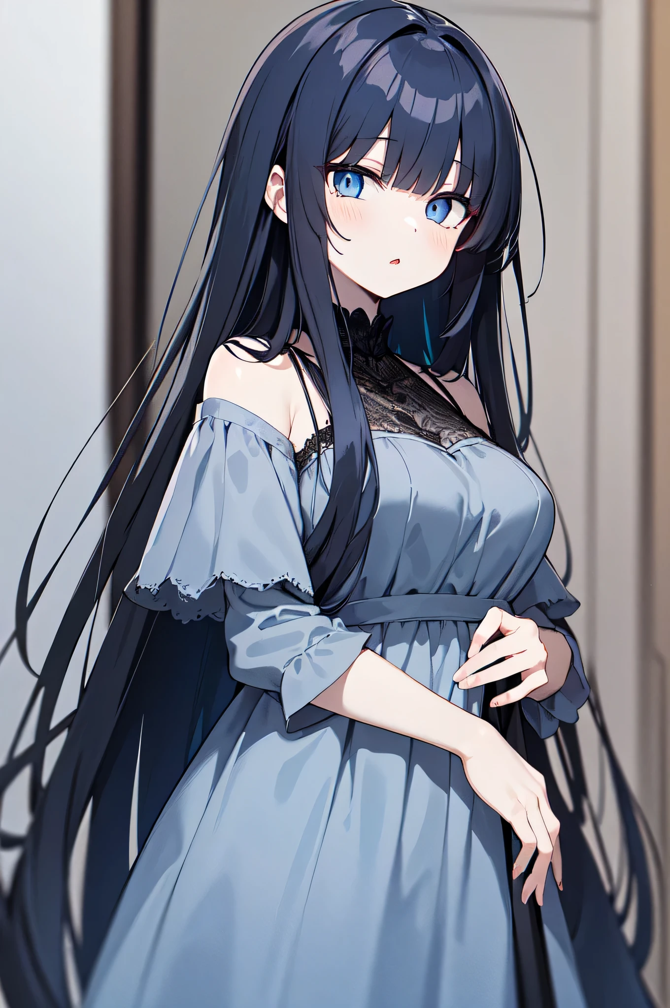 ((dark blue hair)), [black hair], ((with bangs)),  (((obscenely long hair))), (silky hair), pale grey eyes, grey-blue eyes, multicolored eyes, (gothic nightgown dress), (depth of field), ((beautiful detailed eyes)), 