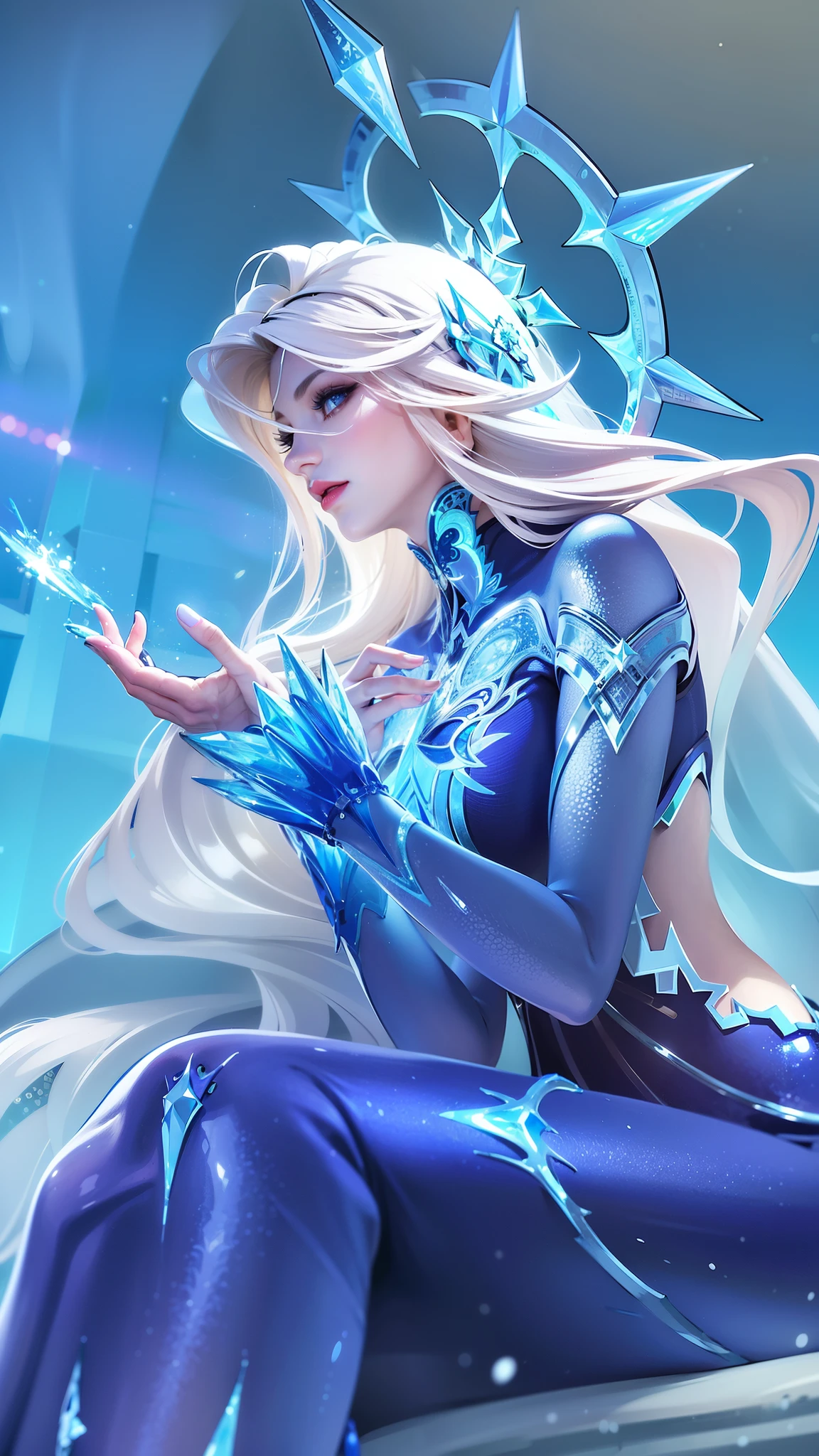 (female:1.2), 8k, ultra hd, ultra detailed texture, hyper realistic, masterpiece, detailed texture, detailed face, detailed skin, detailed lighting, (photorealistic:1.5), best quality, beautiful lighting, cinematic lighting, professional lighting, ultra highres, realistic, detailed hair, real hair, real hand, high quality, (realskin:1.5), extremely detailed, finely detail, ultra-detailed, 1girl, solo, blue eyes, v-shapped eyebrow, lips, red lips, evil smile, nose, make up, pretty, beautiful, long hair, white hair, aurora \(mobile legends\), depth of field, looking viewer, white skin, skin tight, amazing pose, outdoors, glowing, dark view