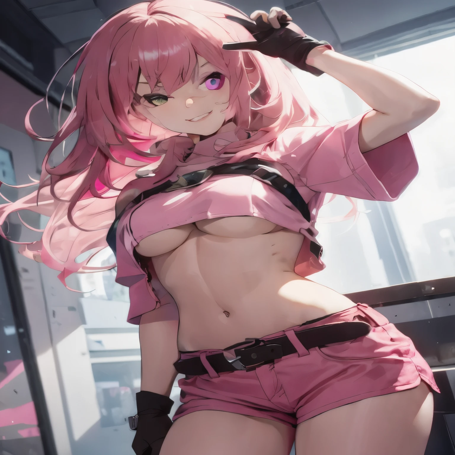 Realistic girl with pink hair and pink shorts posing in a room, seductive Realistic girl, biomechanical oppai, oppai cyberpunk, pink girl, cyberpunk realistic girl, attractive realistic girl, some pink, smooth skin, sexy body
