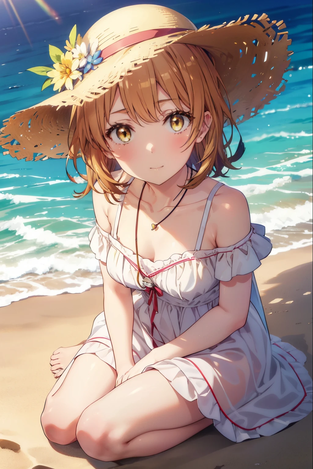 irohaisshiki, iroha isshiki, long hair, brown hair, (brown eyes:1.5),smile,blush,big straw hat,off shoulder dress,heart shaped pendant necklace,bare clavicle,naked neck,bare shoulders,long skirt,barefoot,turn around,Asahi,Light of the sun,
ビーチのsandy beachを散歩しながら、brown hair fluttering in the breeze, 
break outdoors, sandy beach,海
break looking at viewer,
break (masterpiece:1.2), highest quality, High resolution, unity 8k wallpaper, (shape:0.8), (fine and beautiful eyes:1.6), highly detailed face, perfect lighting, Very detailed CG, (perfect hands, perfect anatomy),