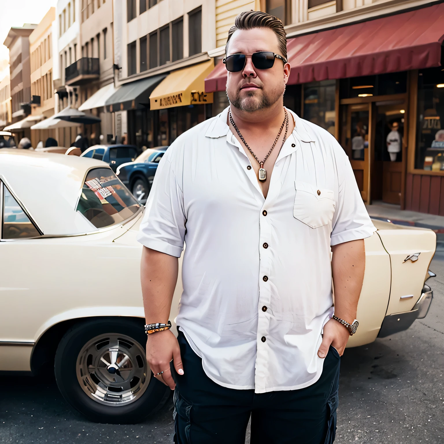 American retro，street view，Loose long top，button shirt，cargo shorts，fat，american man，Wear sunglasses，Wear jewelry